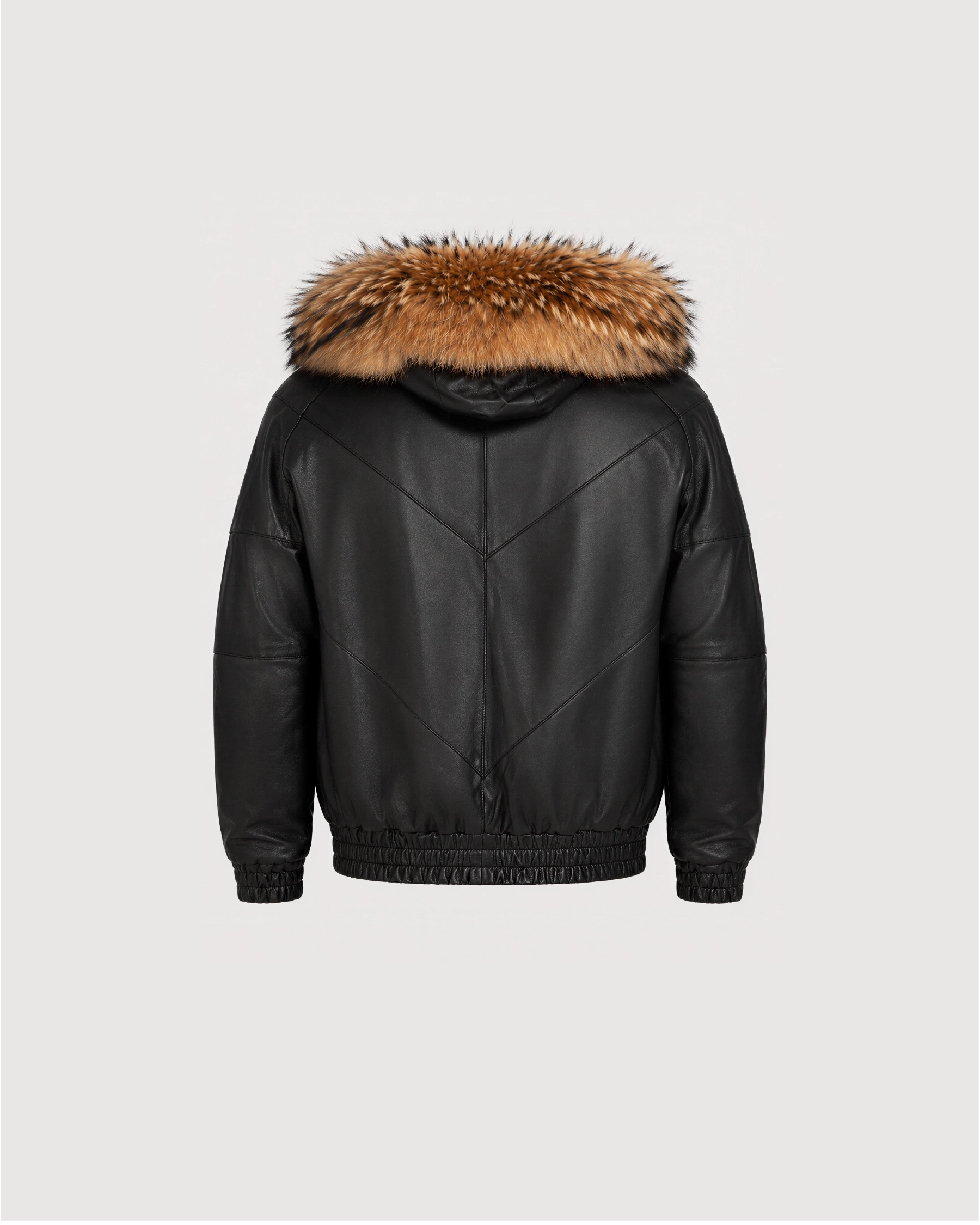 ORION Black Fur Hood Bomber Leather Jacket - Back