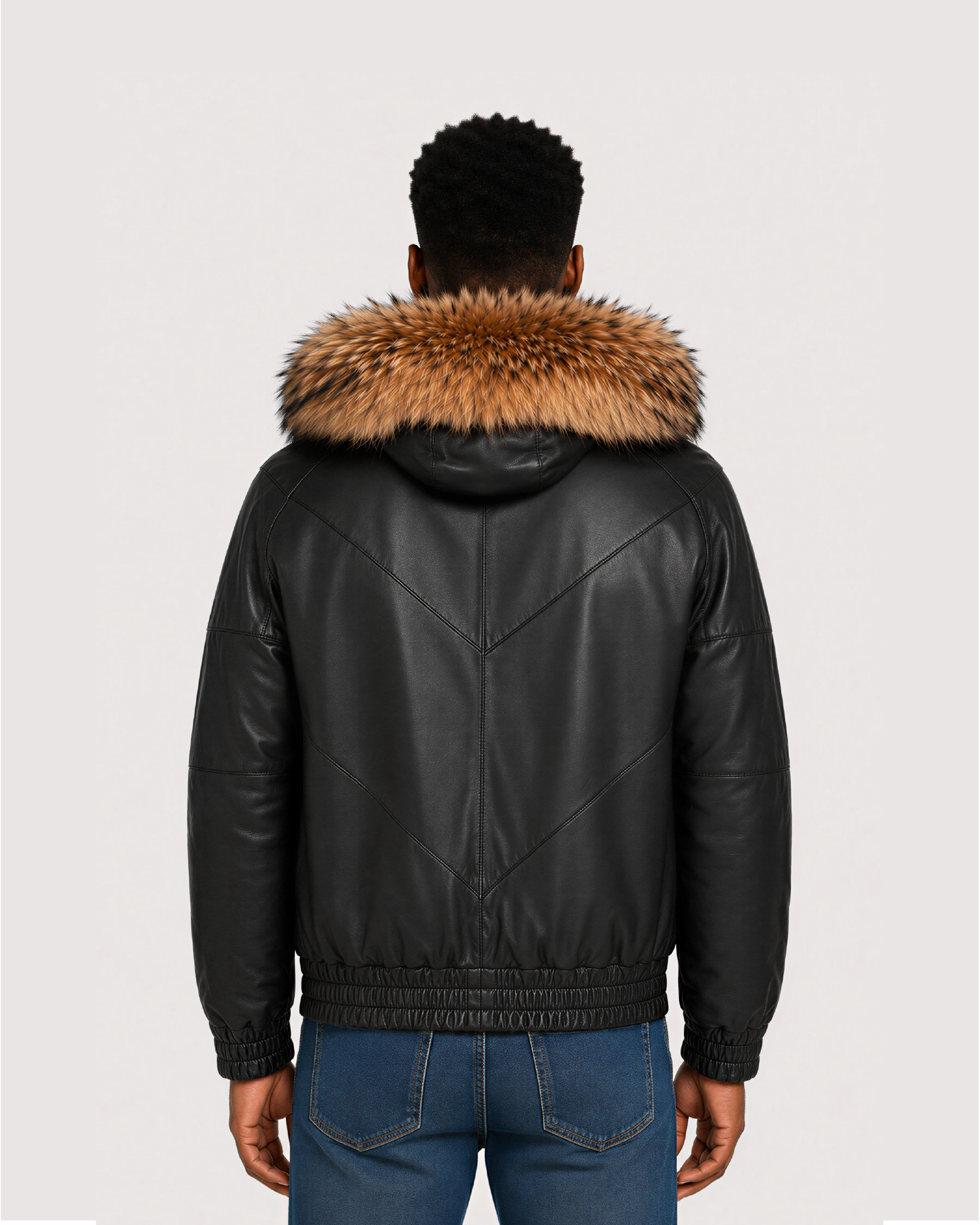 ORION Black Fur Hood Bomber Leather Jacket - Fur