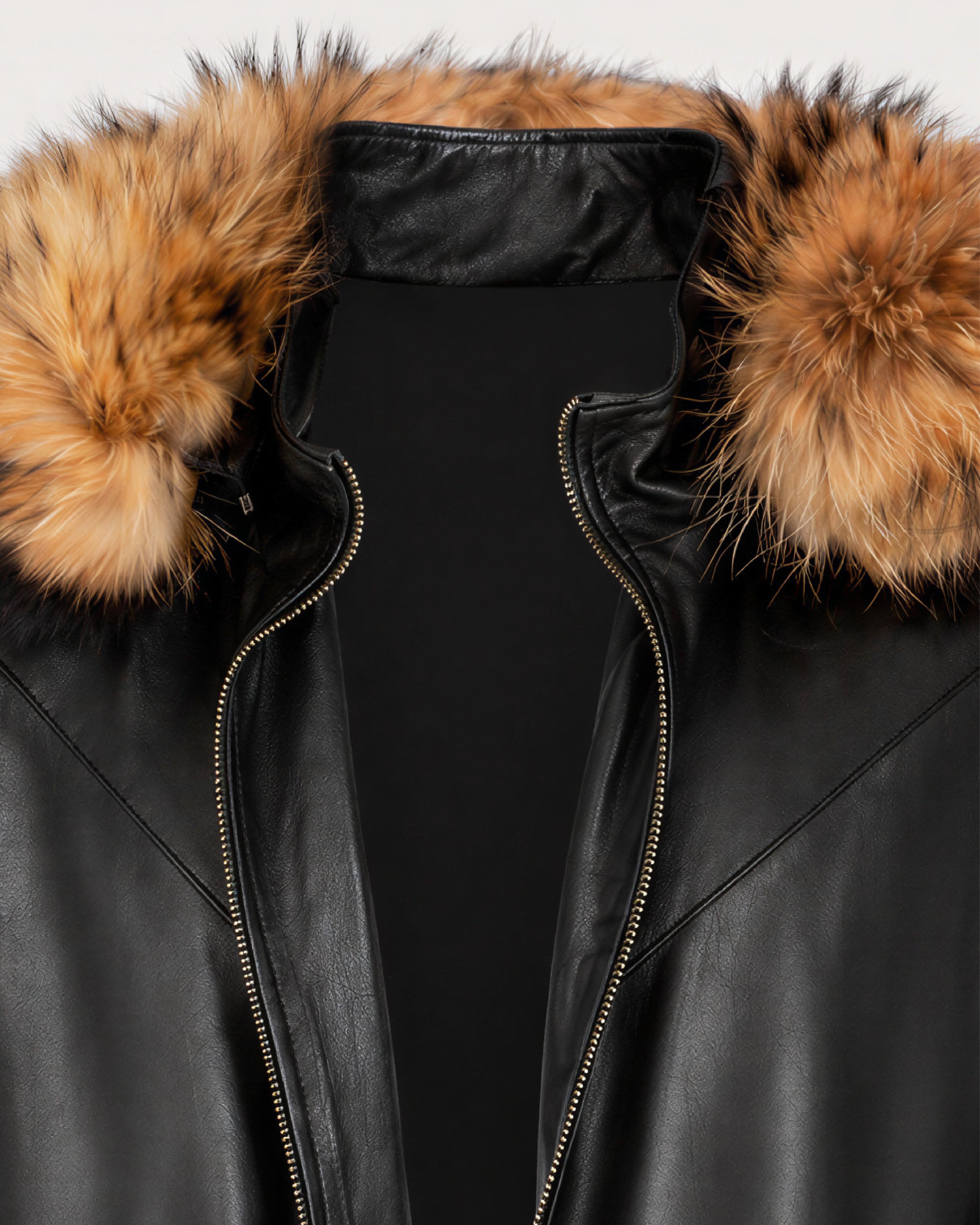 ORION Black Fur Hood Bomber Leather Jacket - Fur Zip