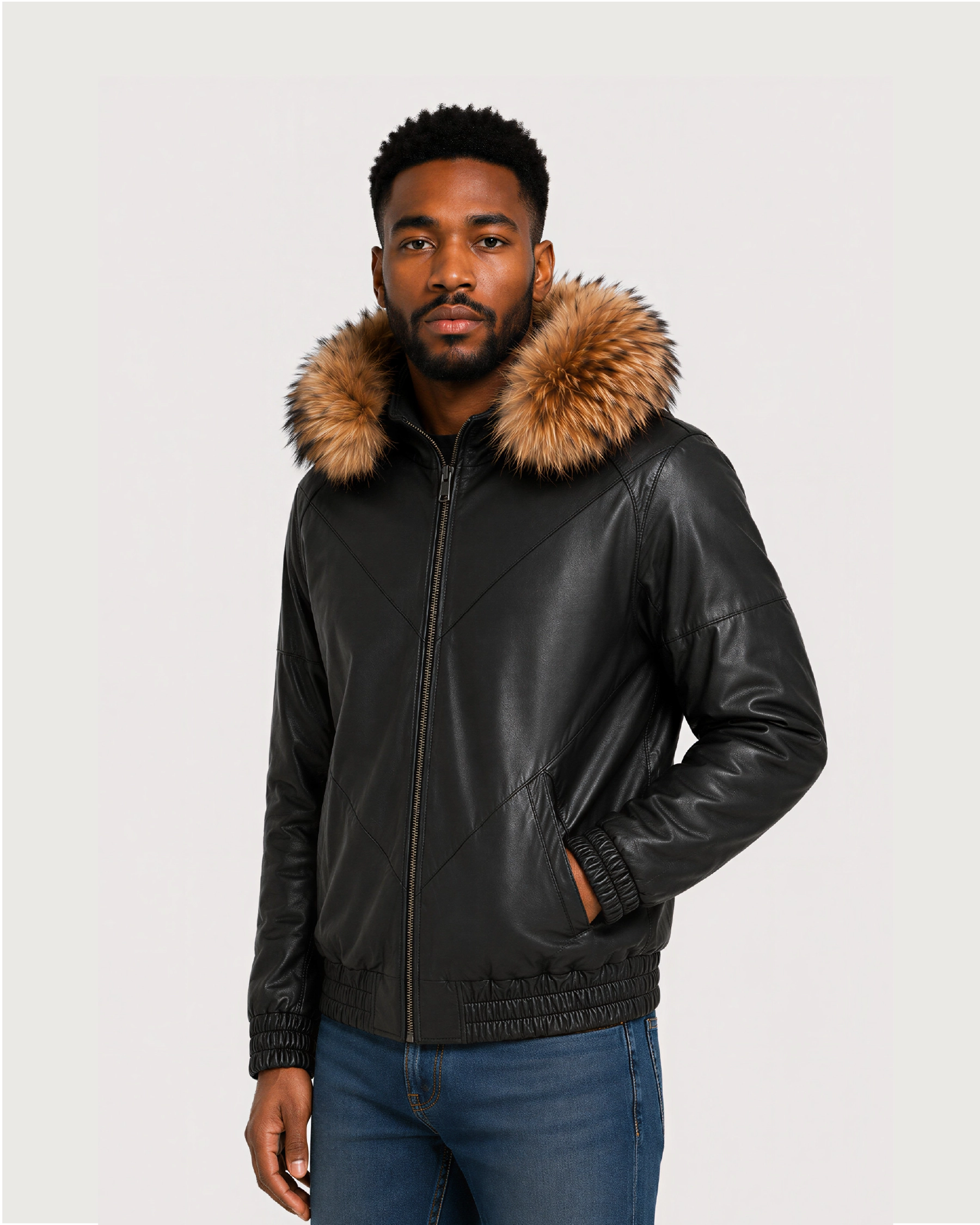 ORION Black Fur Hood Bomber Leather Jacket - Left