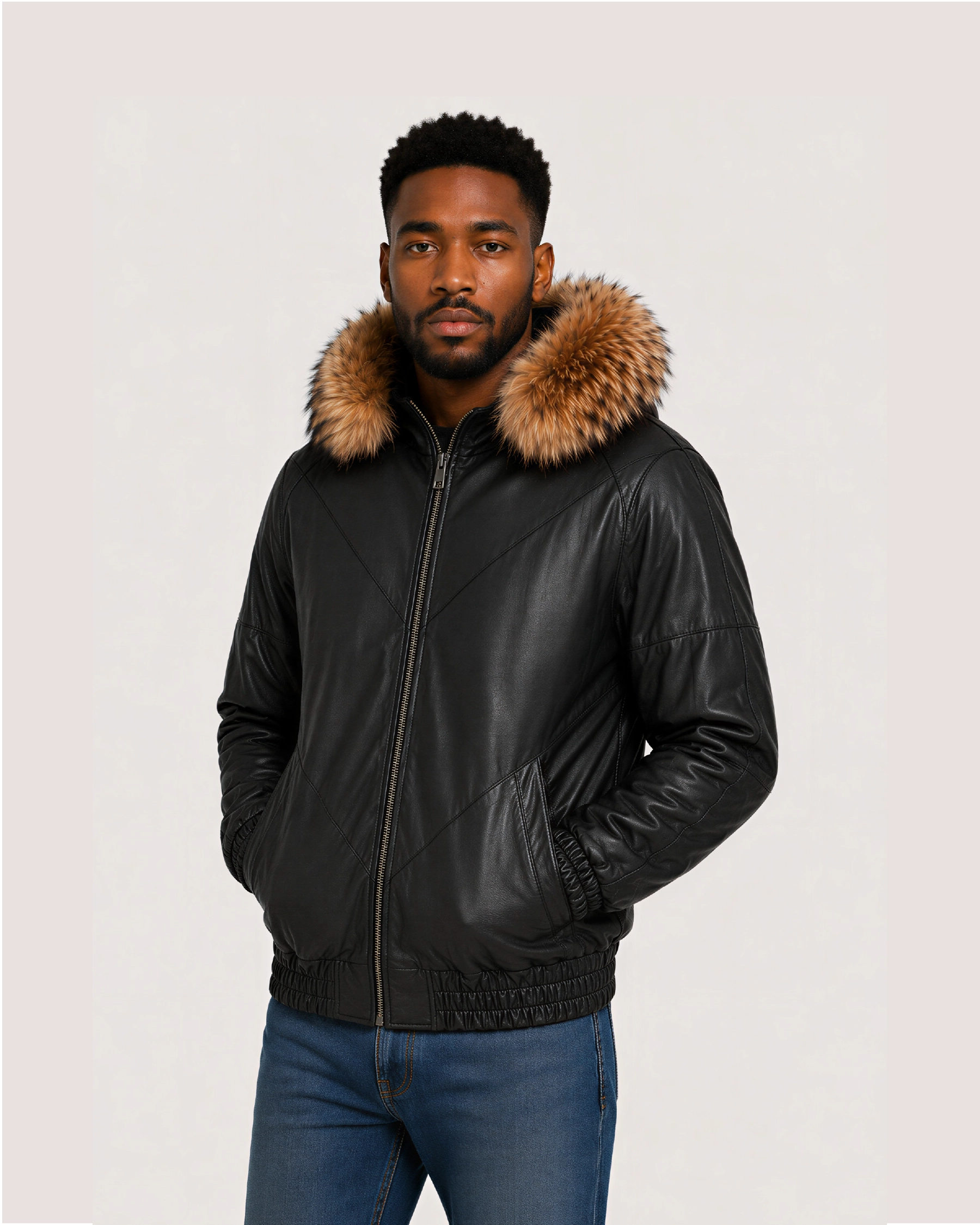 ORION Black Fur Hood Bomber Leather Jacket - Side