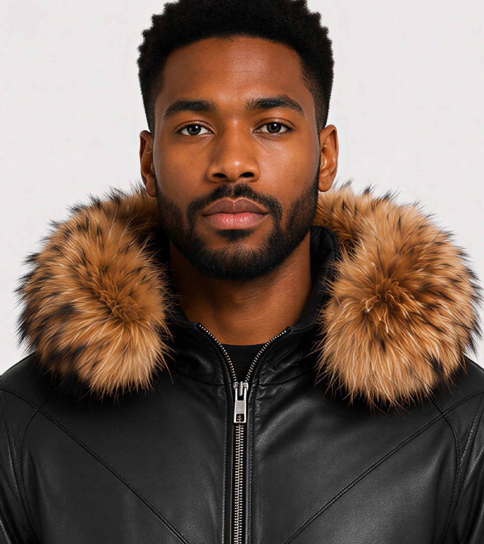 ORION Black Fur Hood Bomber Leather Jacket - Zoom