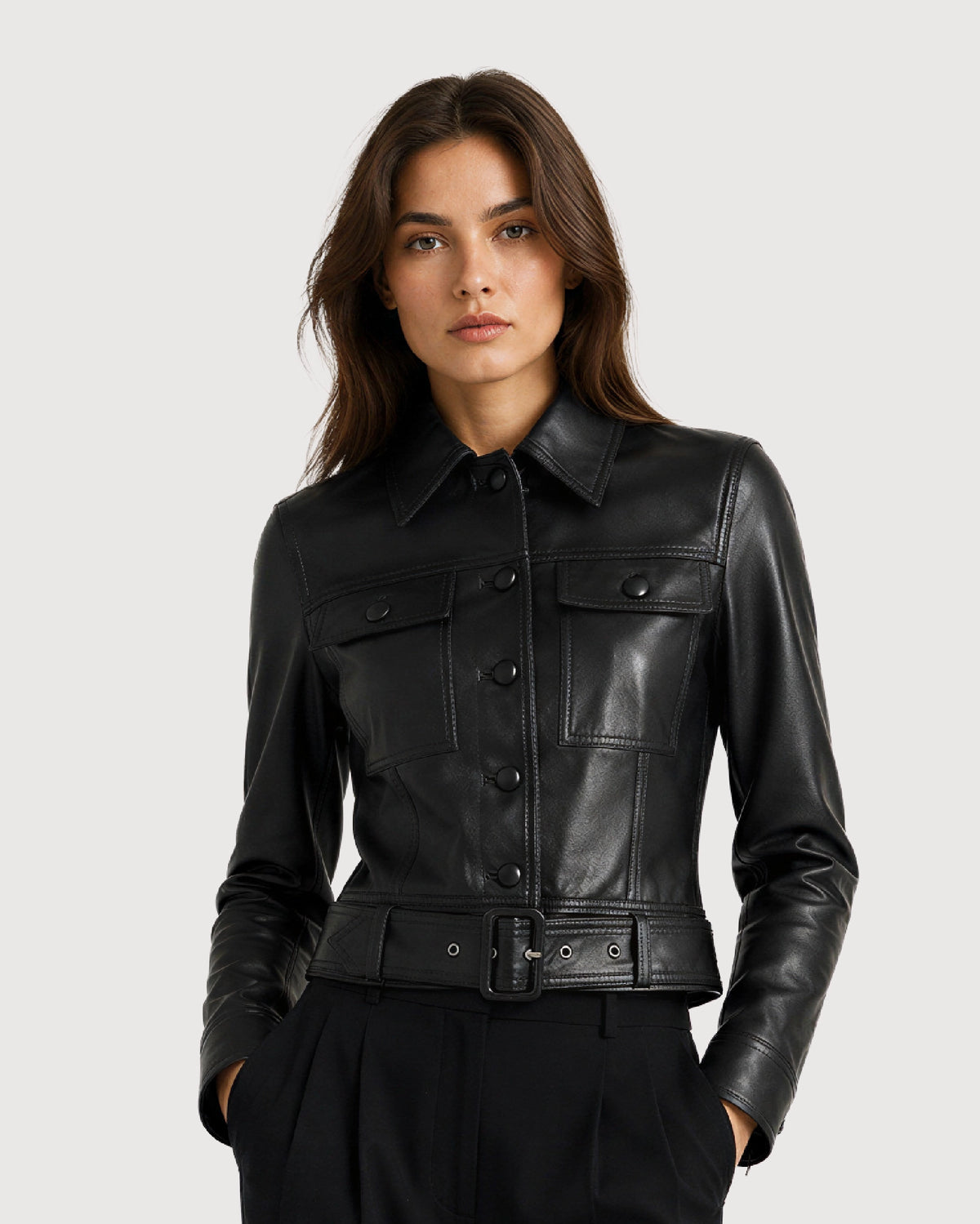 ORLIN Black Belted Cropped Leather Jacket