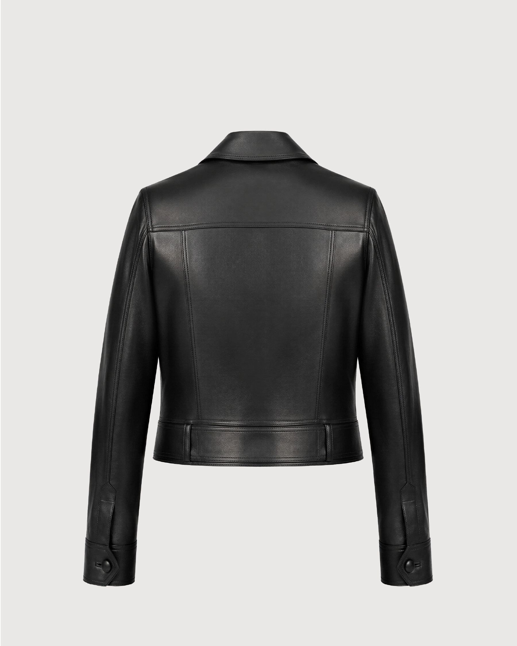 ORLIN Black Belted Cropped Leather Jacket - Back Pattern