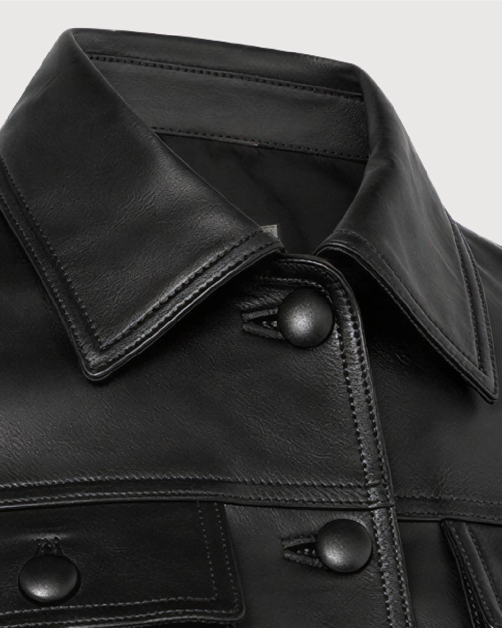 ORLIN Black Belted Cropped Leather Jacket - Collar