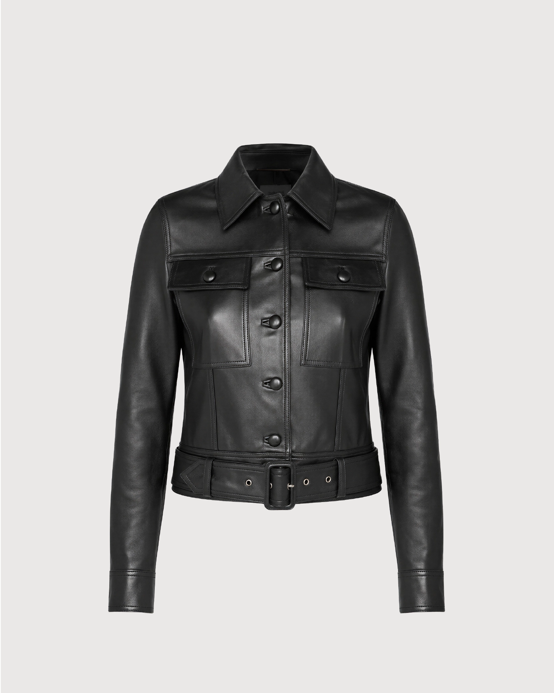 ORLIN Black Belted Cropped Leather Jacket - Front
