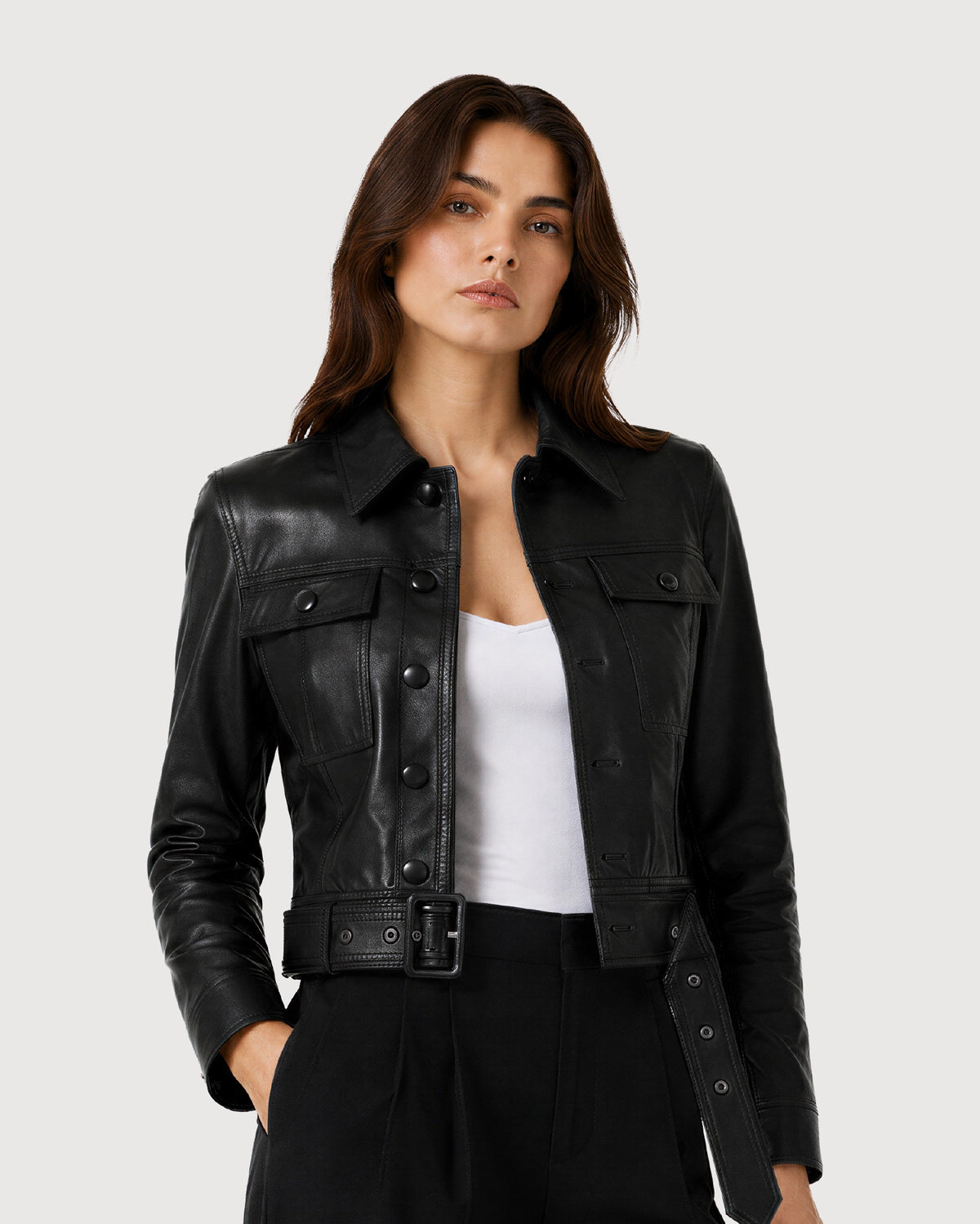 ORLIN Black Belted Cropped Leather Jacket - Open Button