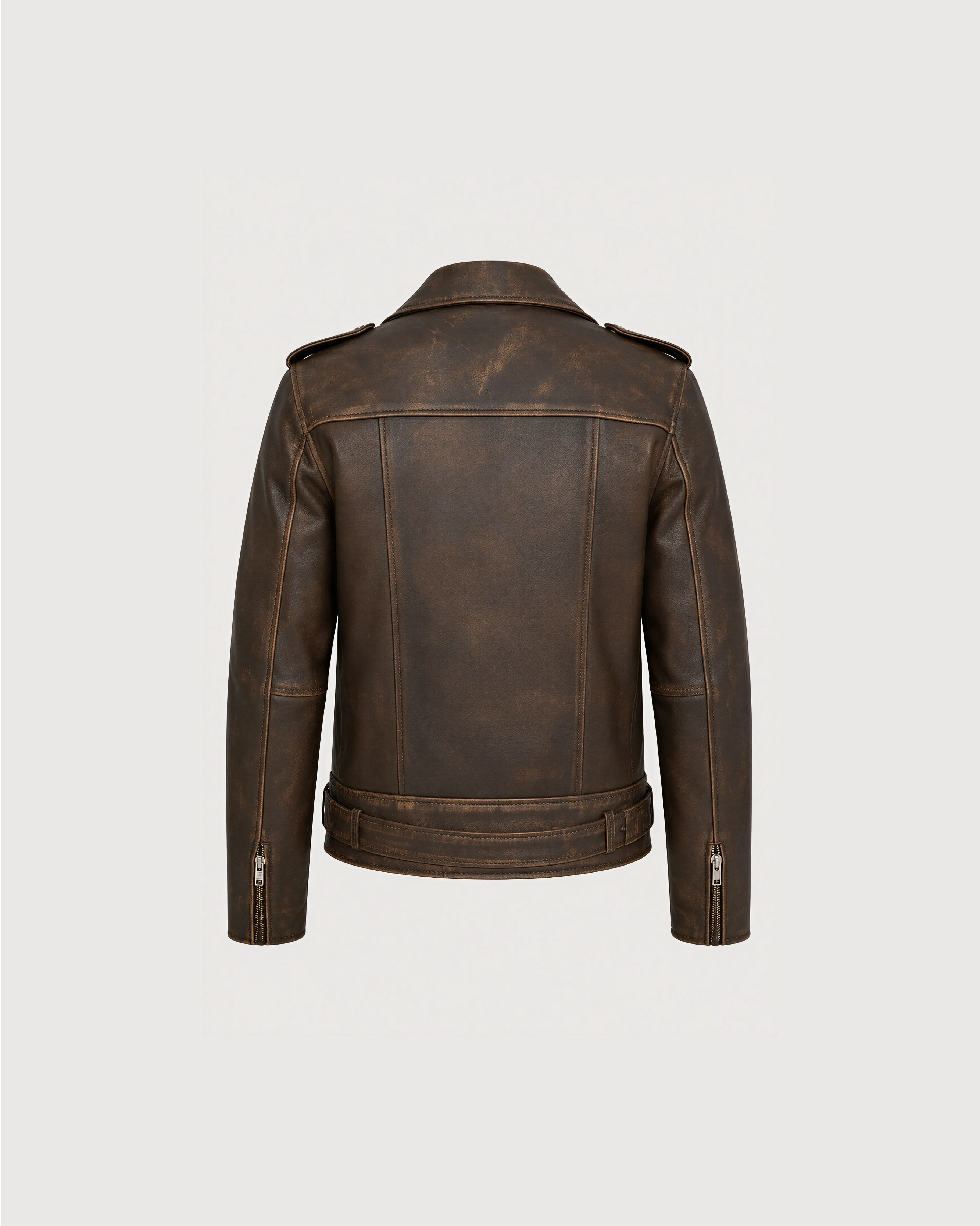 ROAN Distressed Brown Belted Biker Leather Jacket - Back
