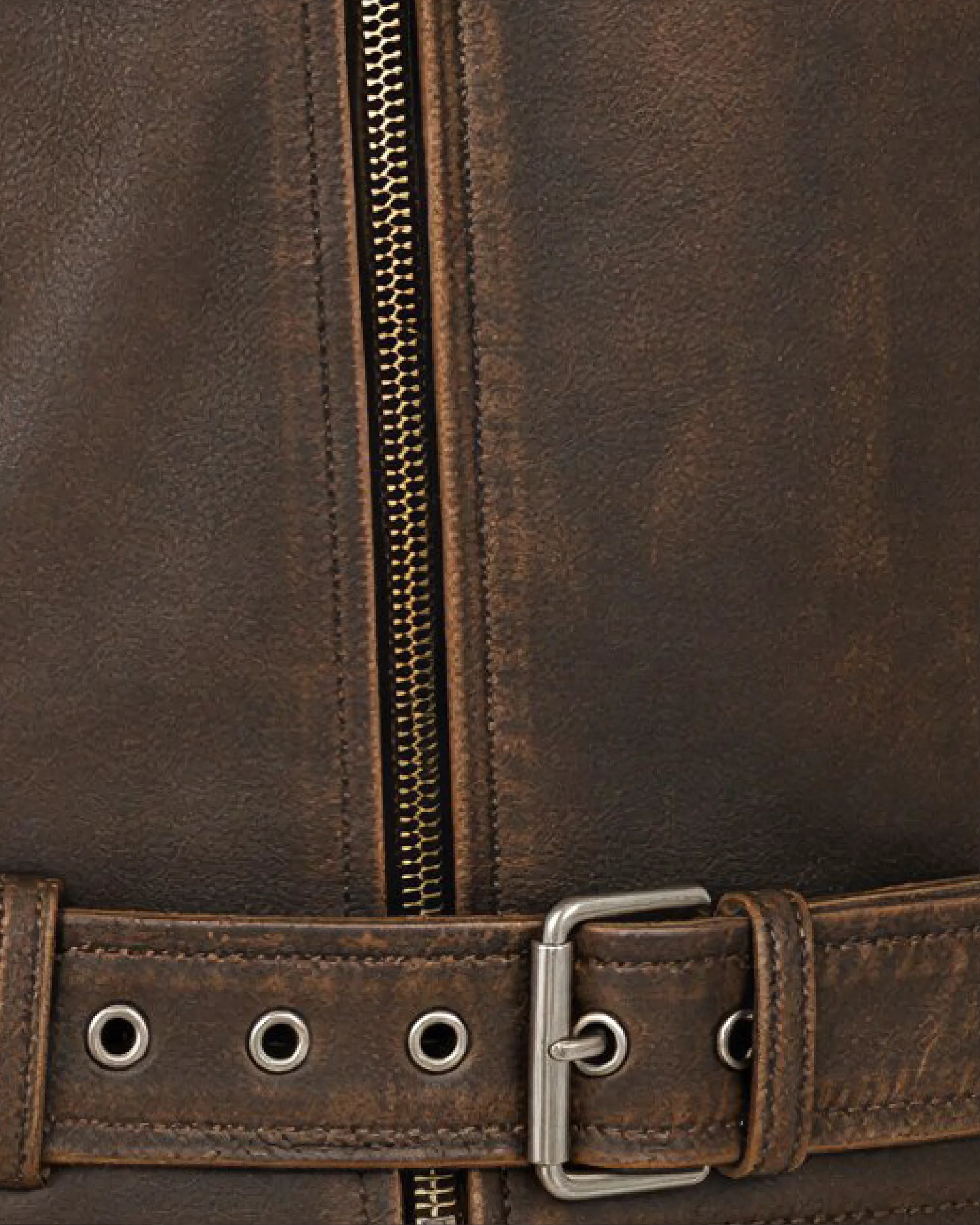 ROAN Distressed Brown Belted Biker Leather Jacket - Belt