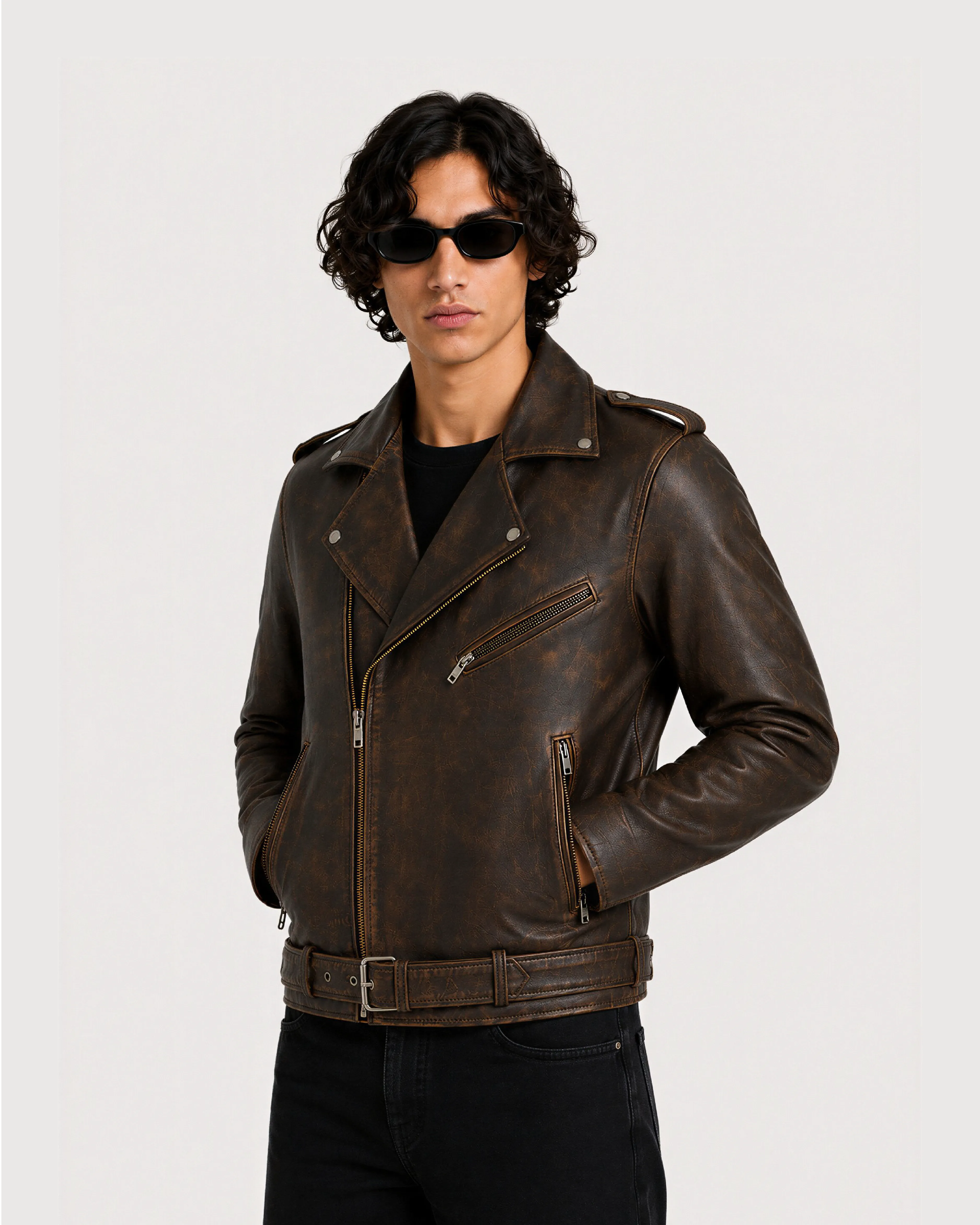 ROAN Distressed Brown Belted Biker Leather Jacket - Left