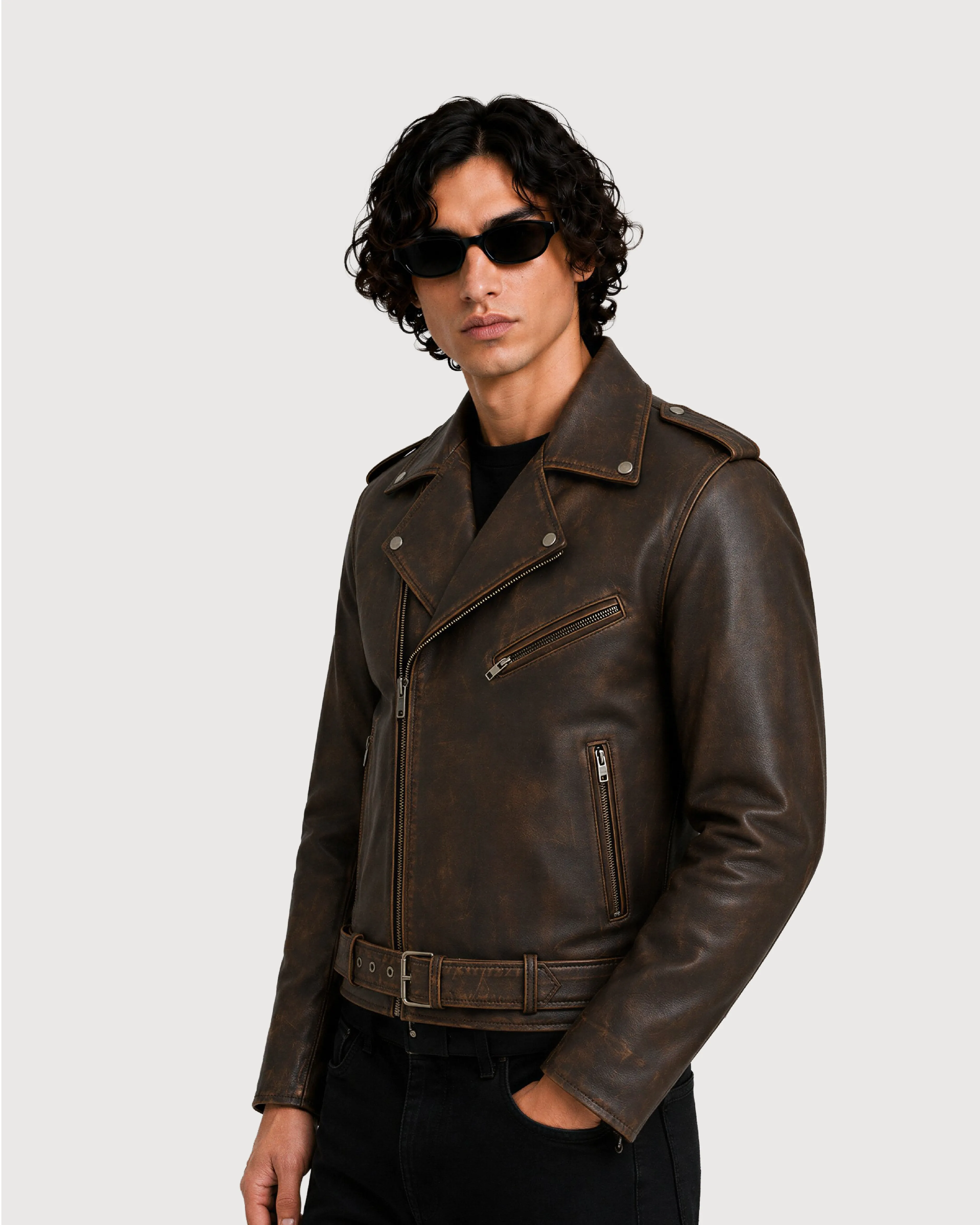 ROAN Distressed Brown Belted Biker Leather Jacket - Right