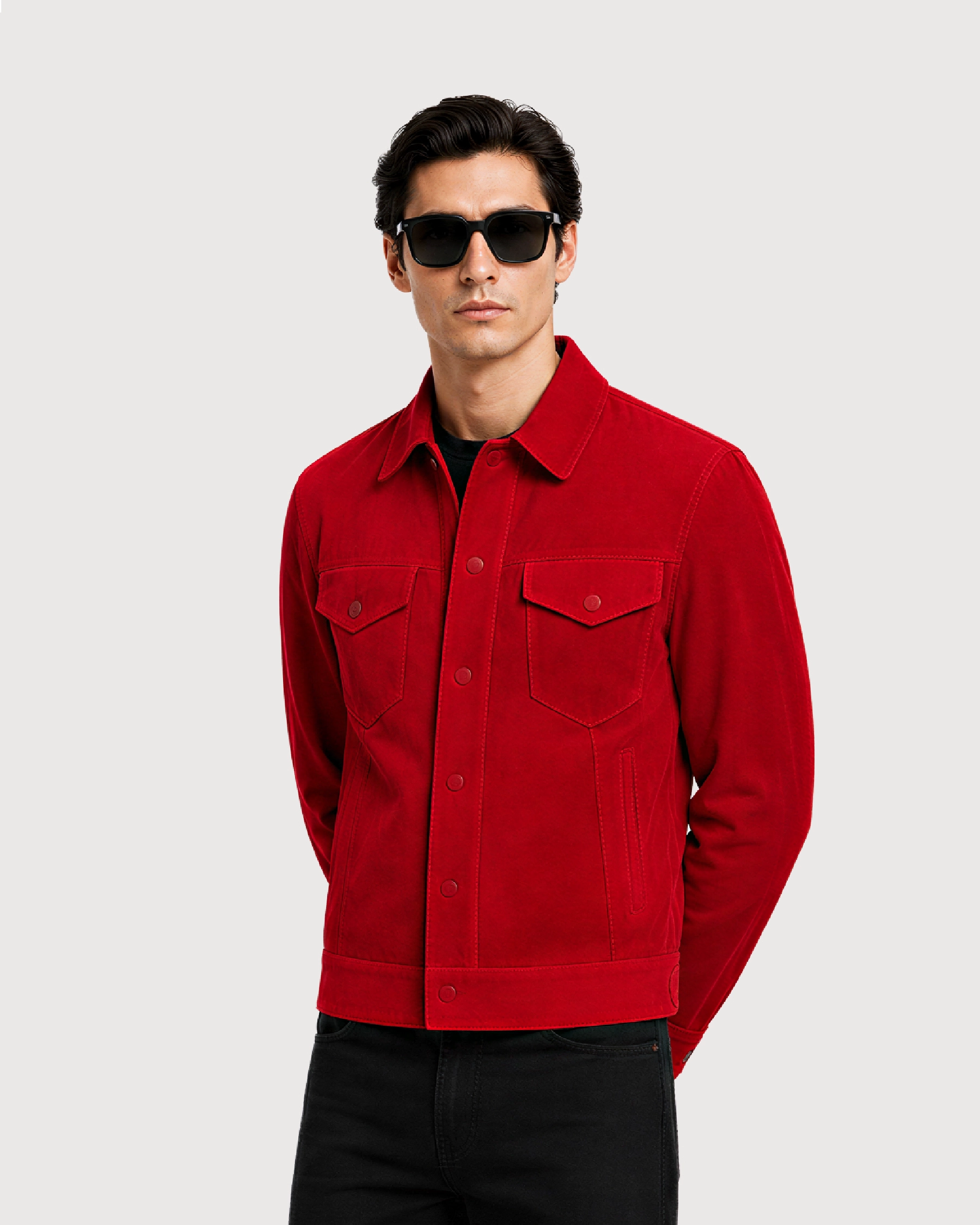 ROAN Red Suede Trucker Leather Jacket - Pose