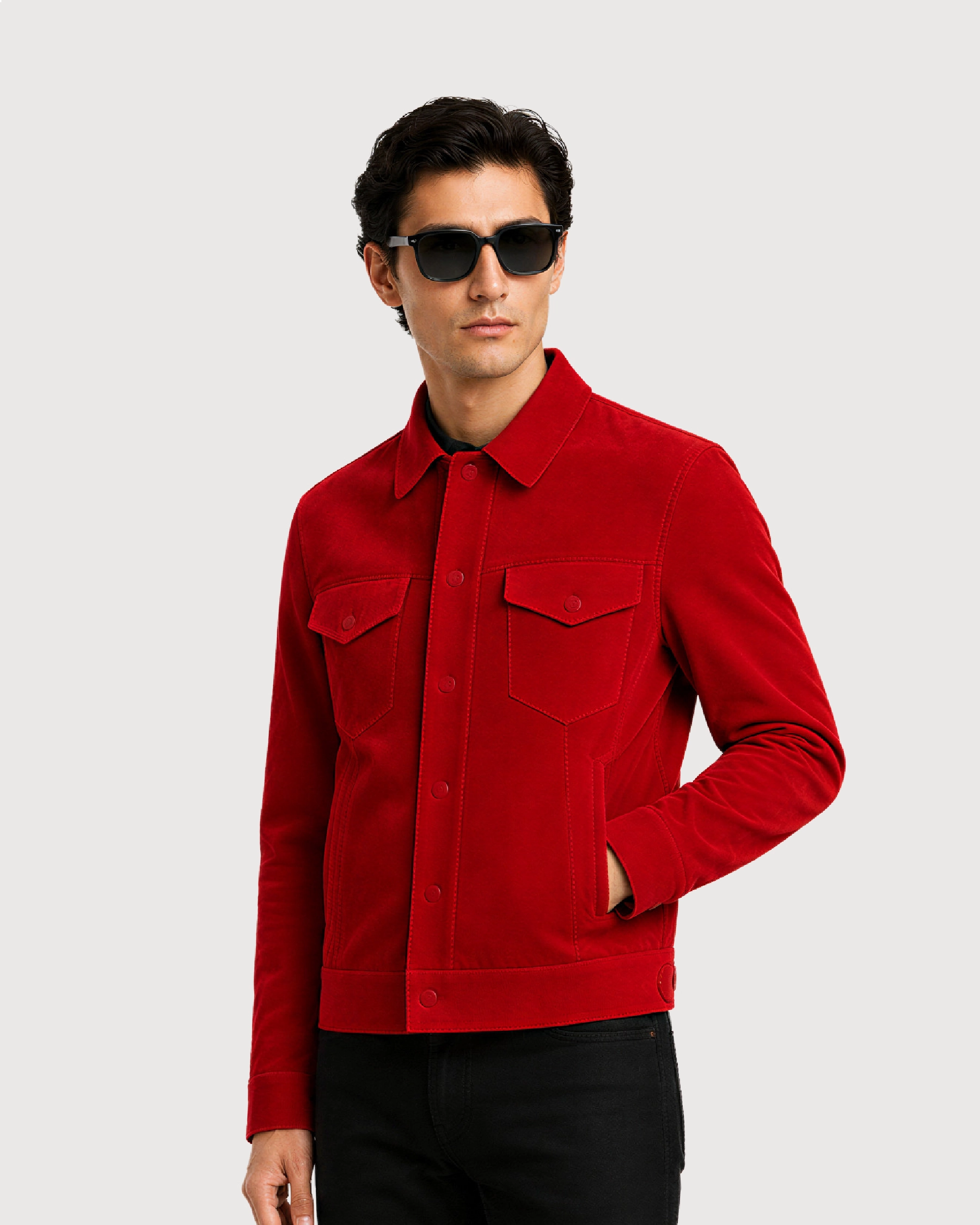 ROAN Red Suede Trucker Leather Jacket - Side