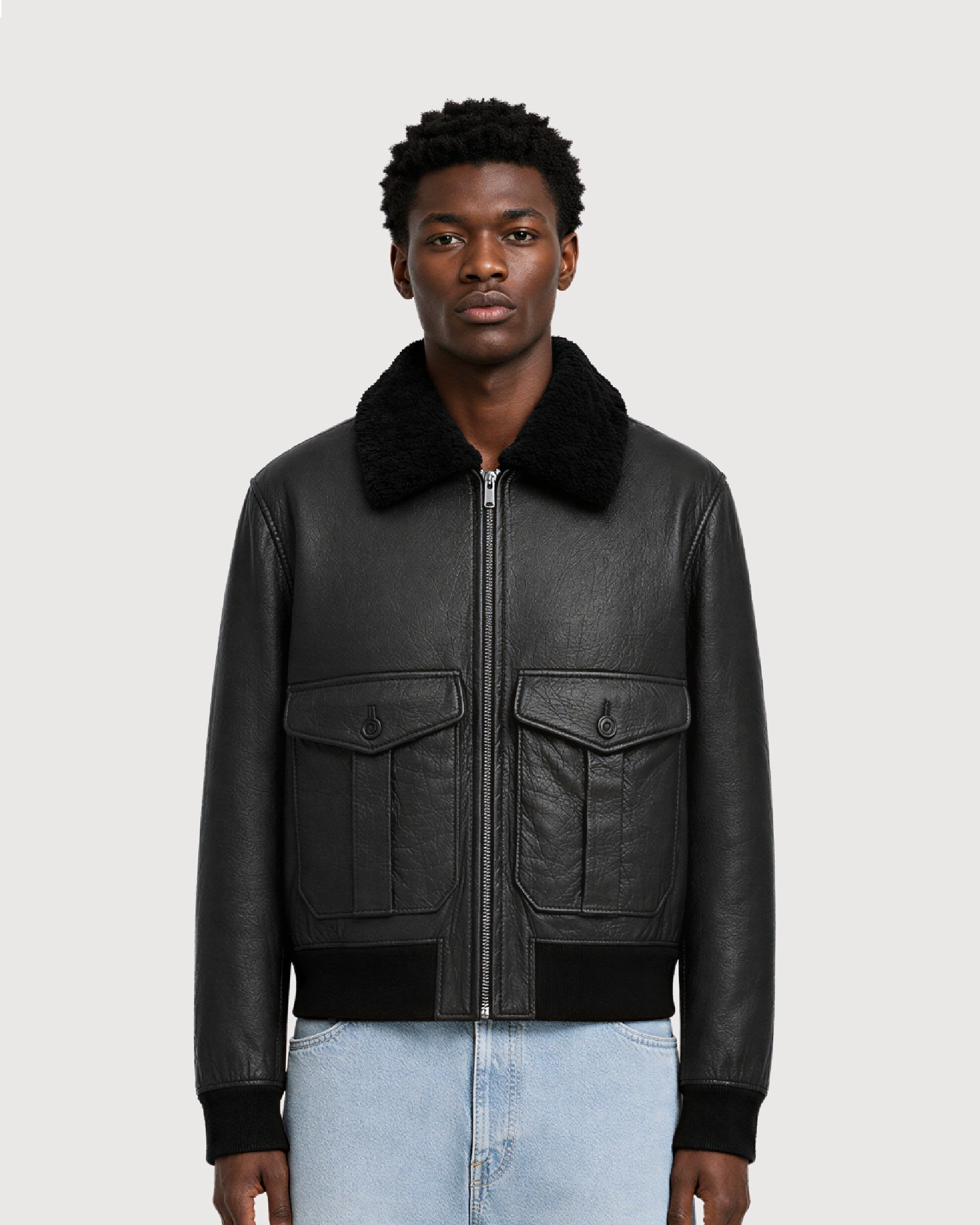 ROOK Black Cowhide Shearling Bomber Leather Jacket