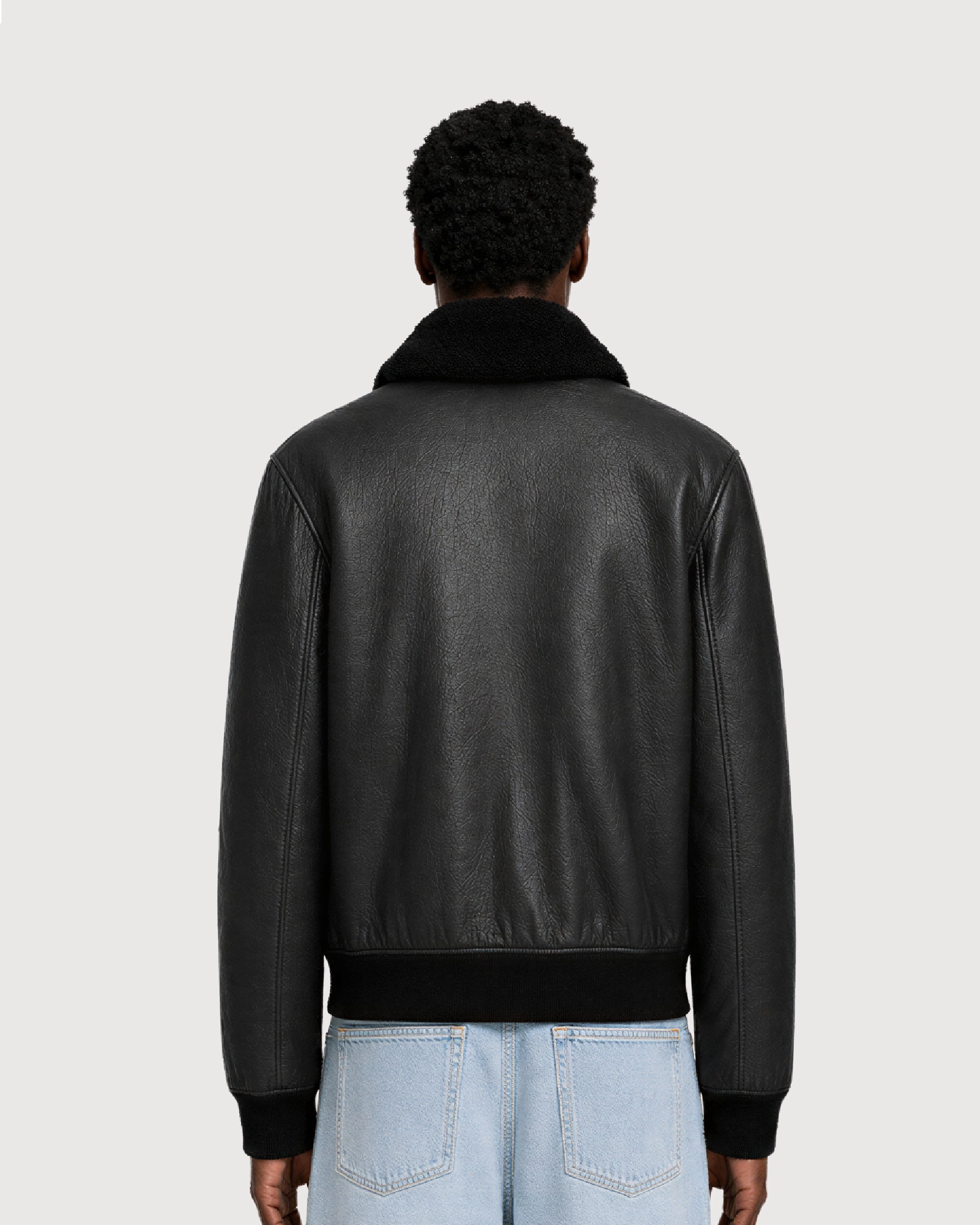 ROOK Black Cowhide Shearling Bomber Leather Jacket - Back Pattern