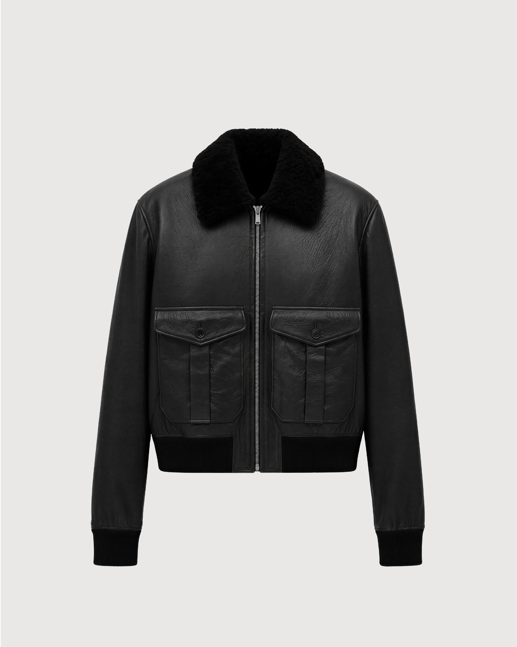 ROOK Black Cowhide Shearling Bomber Leather Jacket - Front