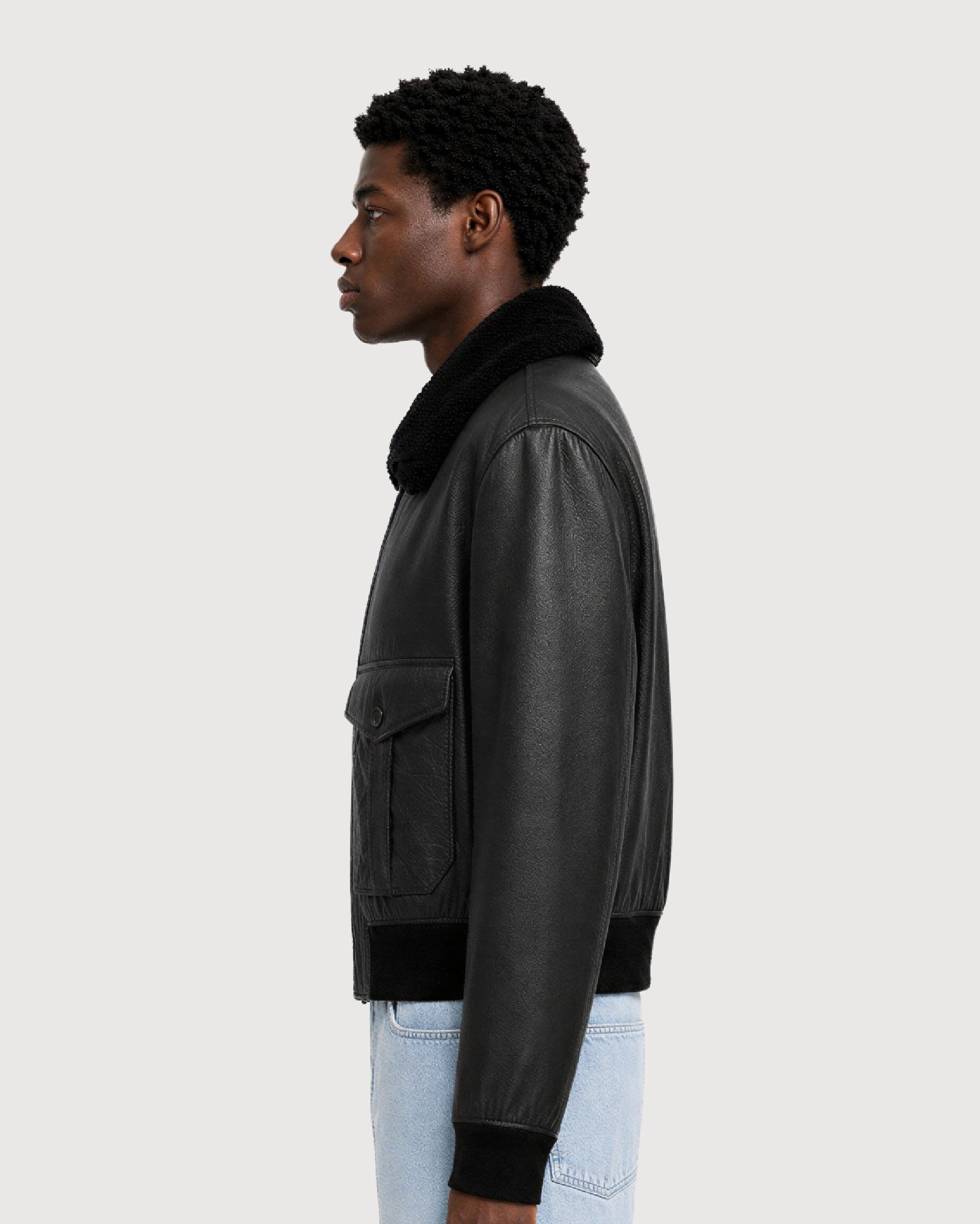 ROOK Black Cowhide Shearling Bomber Leather Jacket - Side