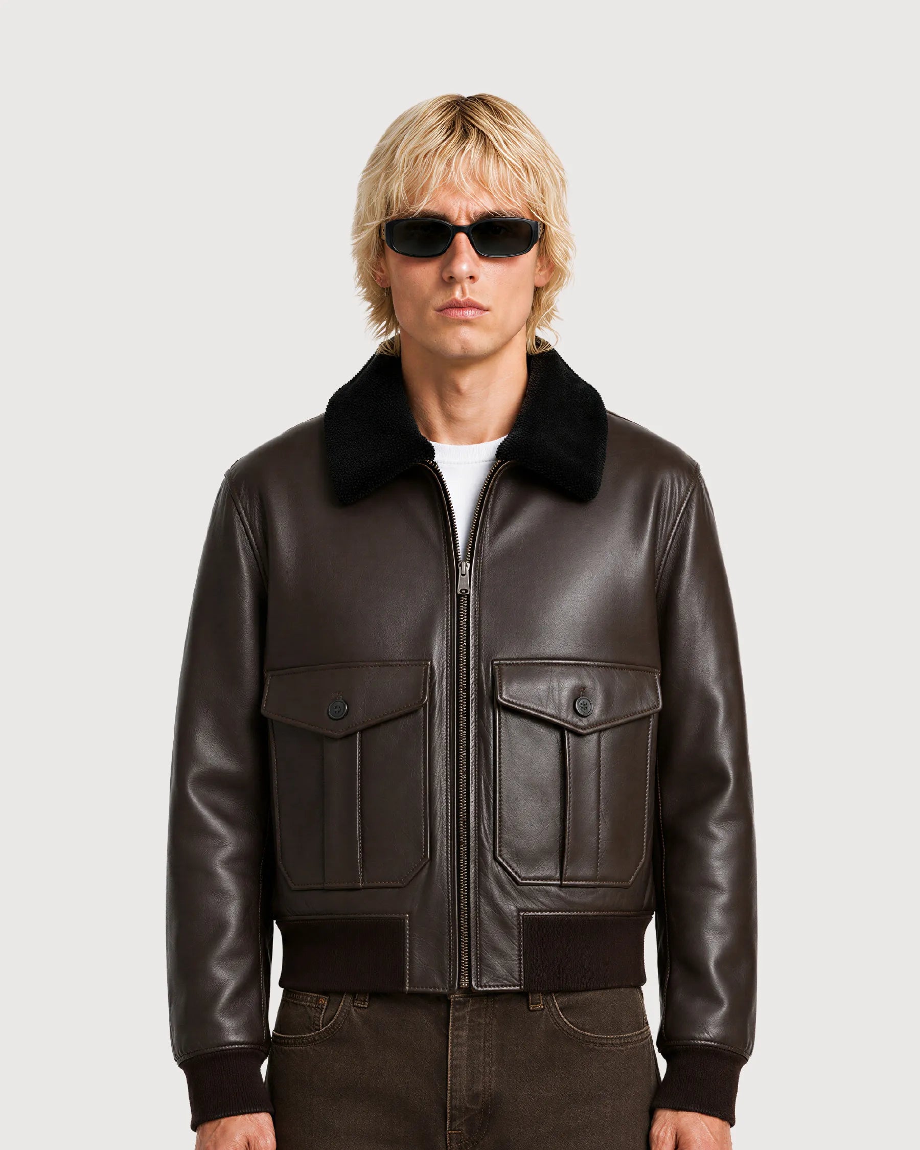 ROOK Dark Brown Cowhide Shearling Bomber Leather Jacket