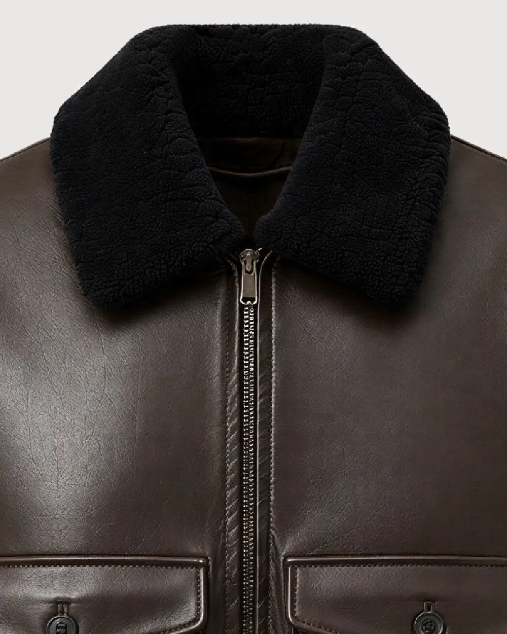 ROOK Dark Brown Cowhide Shearling Bomber Leather Jacket - Collar