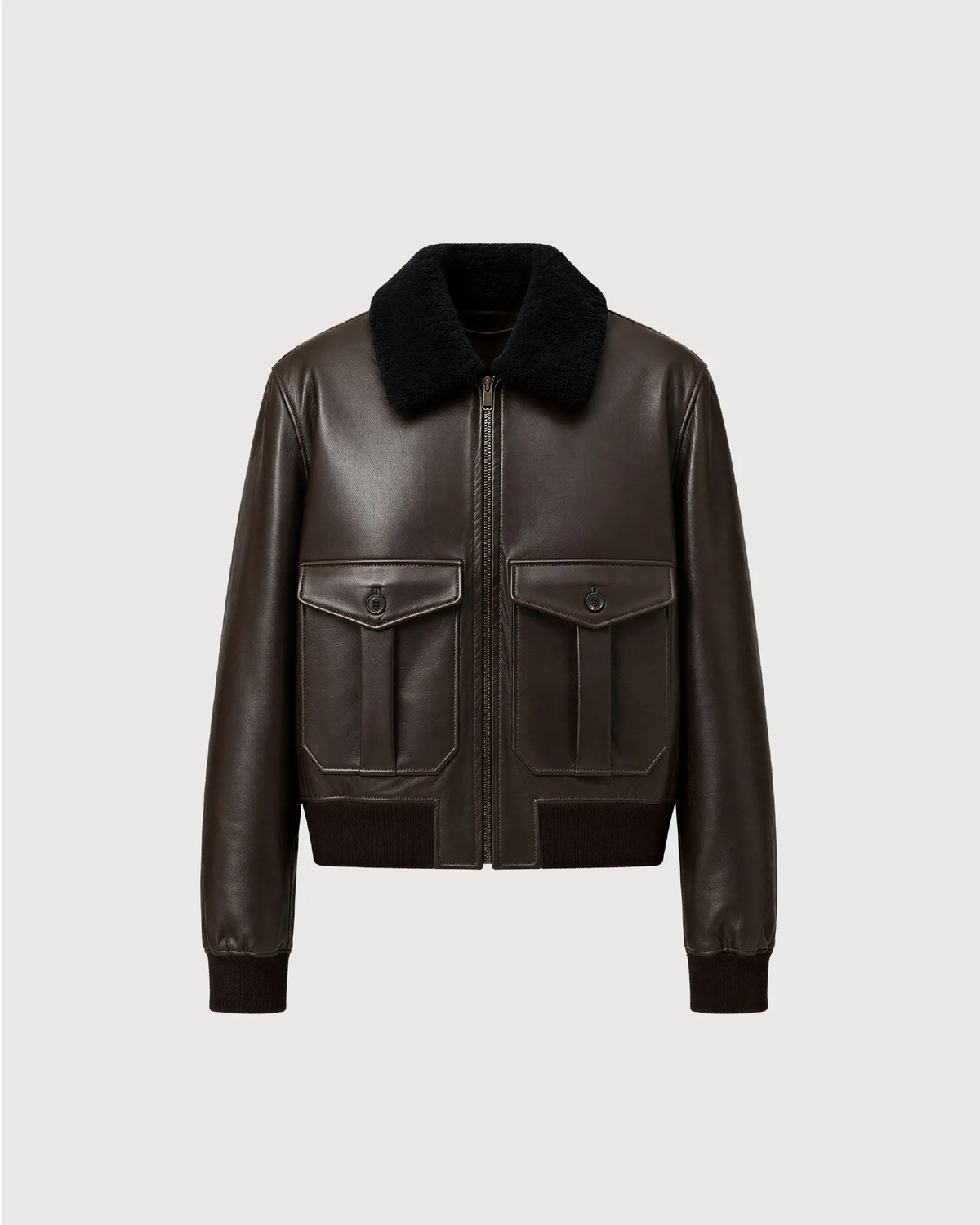 ROOK Dark Brown Cowhide Shearling Bomber Leather Jacket - Front