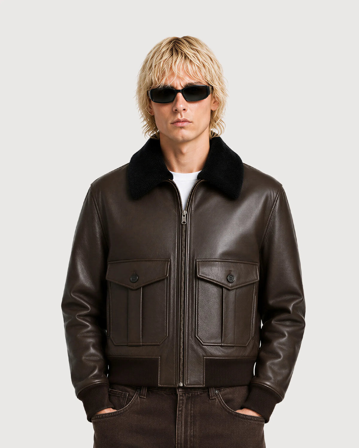 ROOK Dark Brown Cowhide Shearling Bomber Leather Jacket - Pose