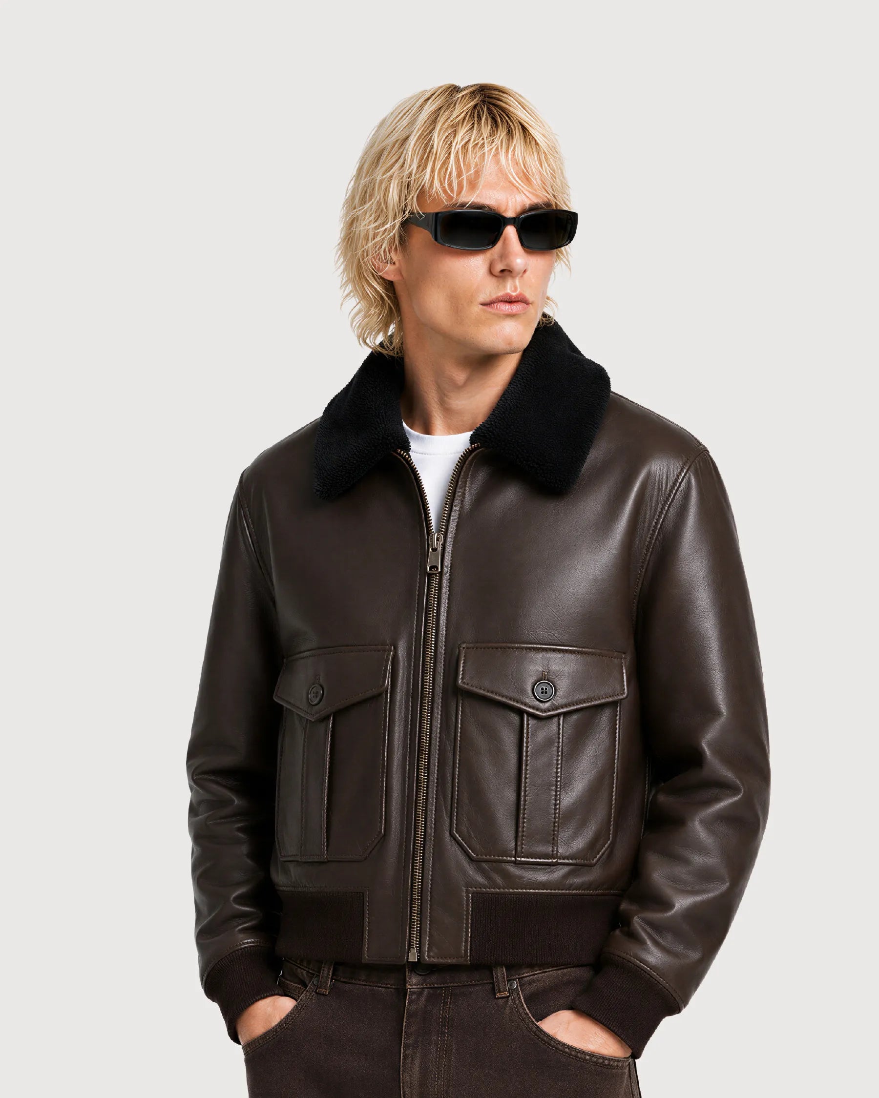 ROOK Dark Brown Cowhide Shearling Bomber Leather Jacket - Side