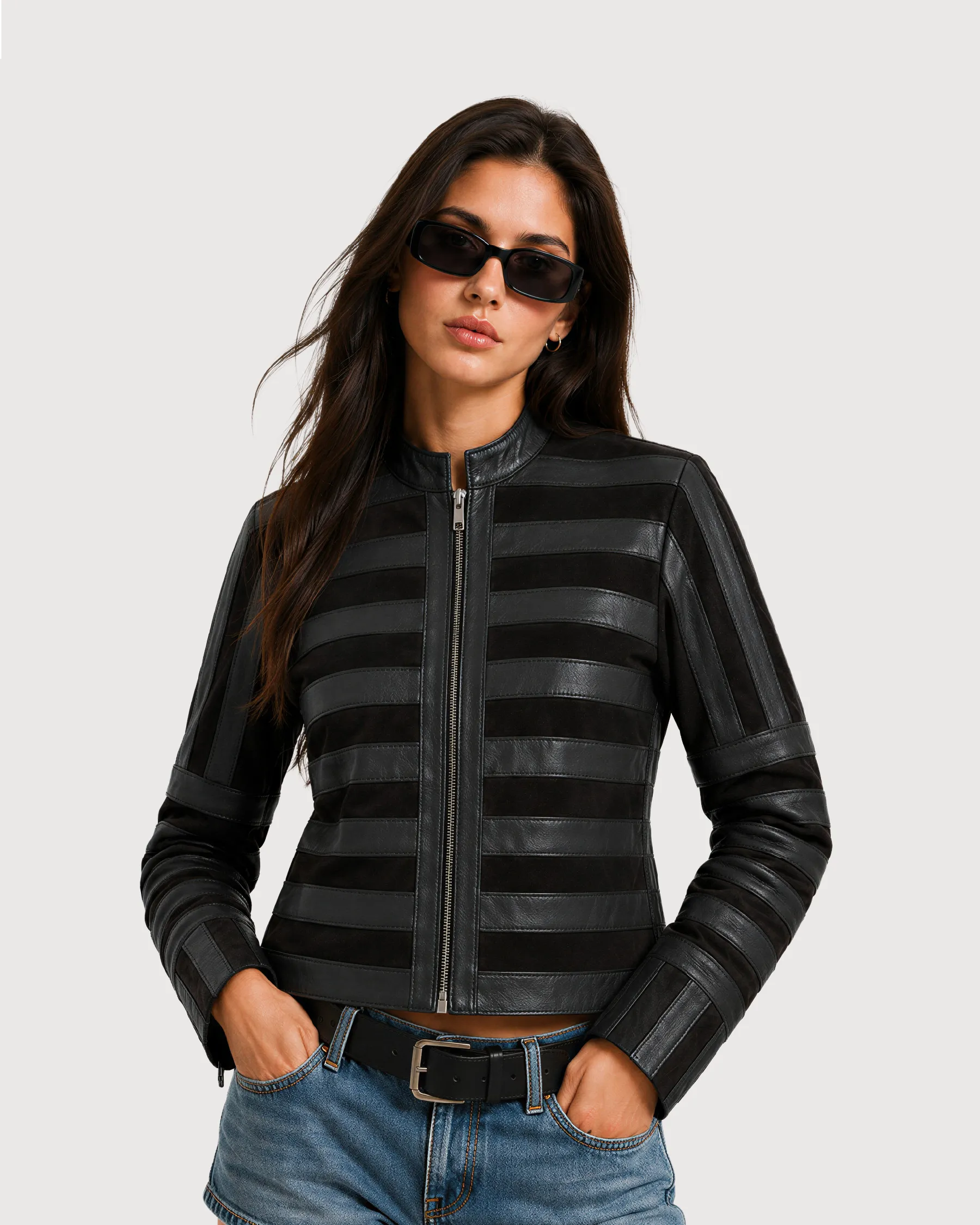 SELENE Black Panelled Racer Leather Jacket