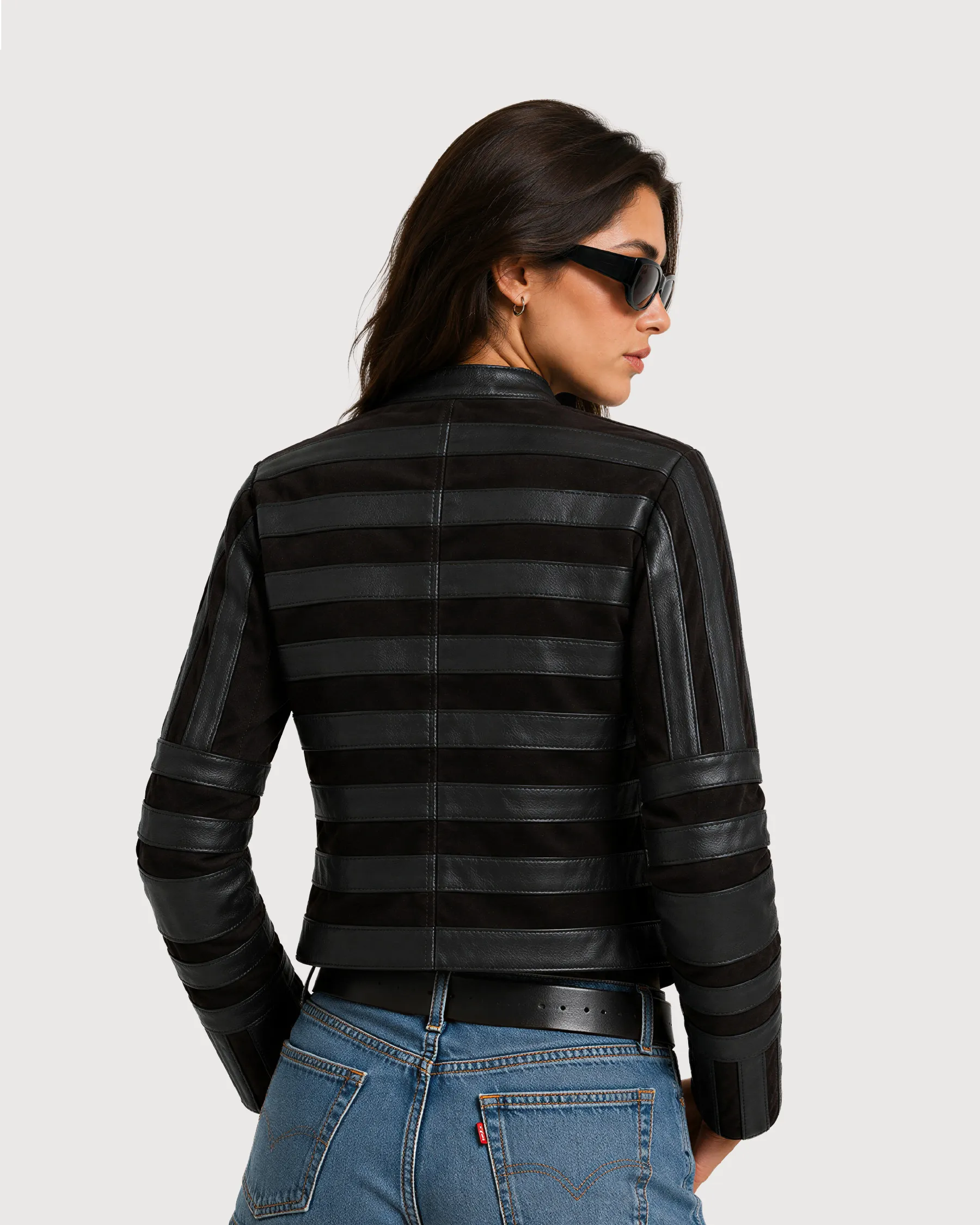 SELENE Black Panelled Racer Leather Jacket - Back