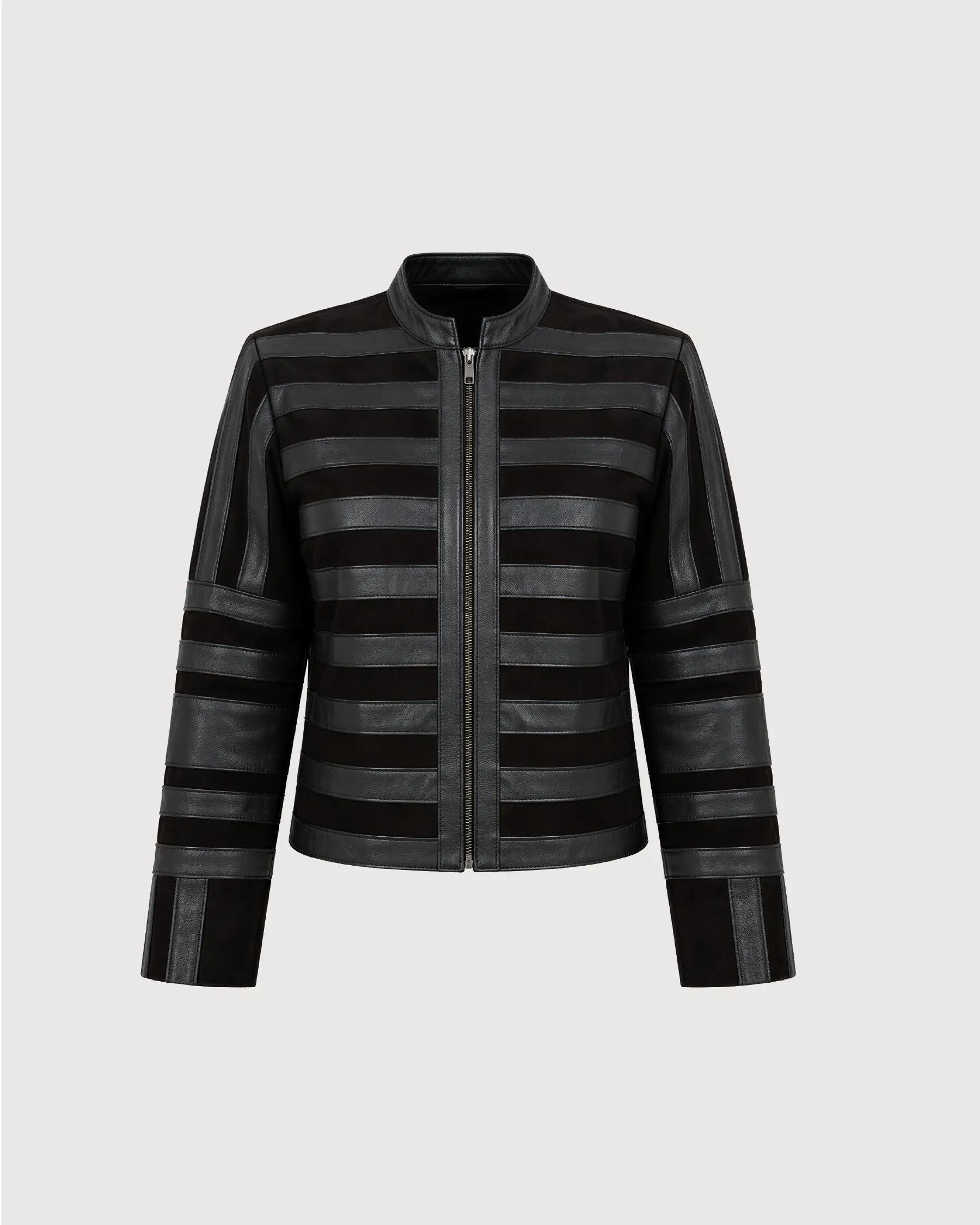 SELENE Black Panelled Racer Leather Jacket - Front