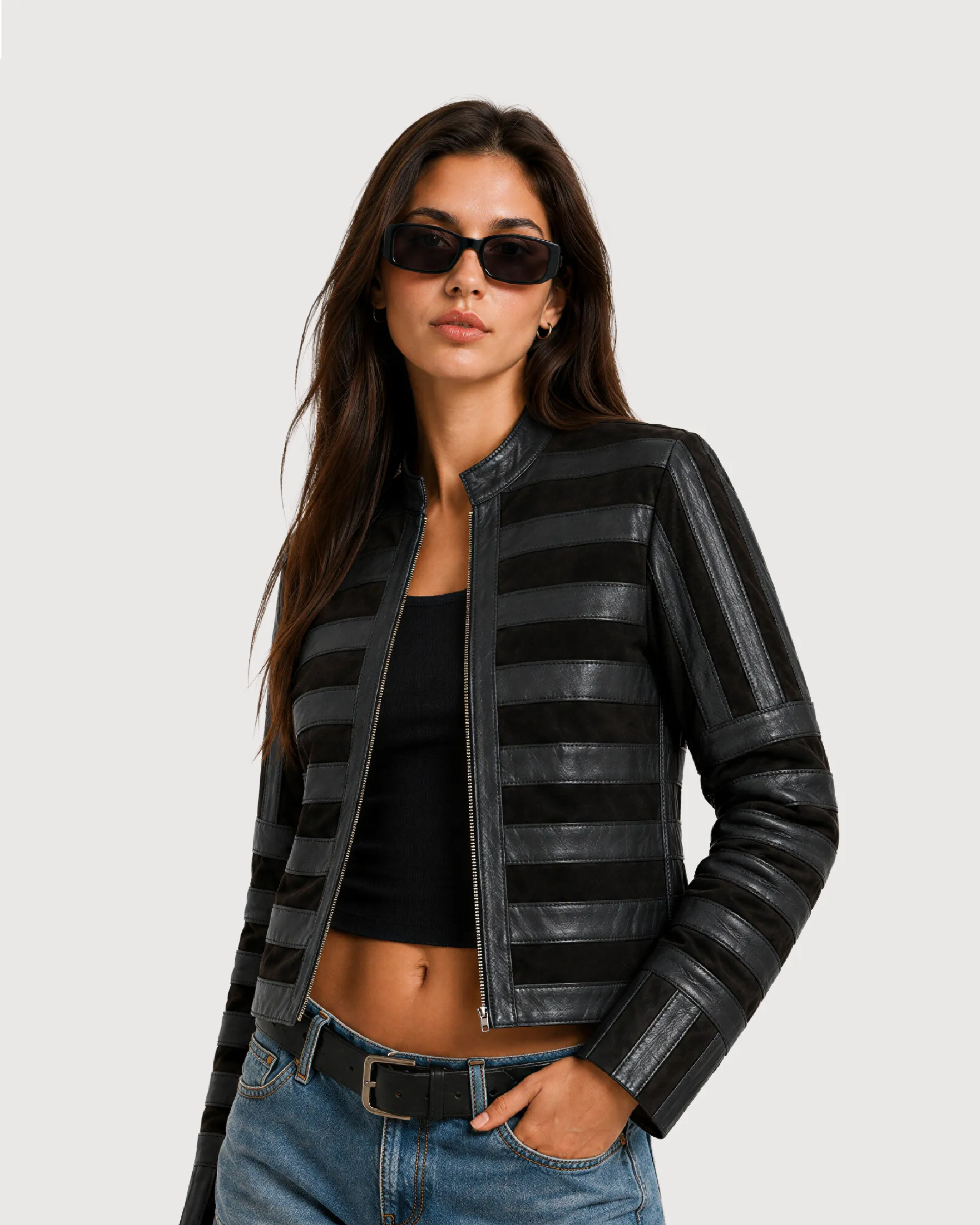 SELENE Black Panelled Racer Leather Jacket - Open Zipper