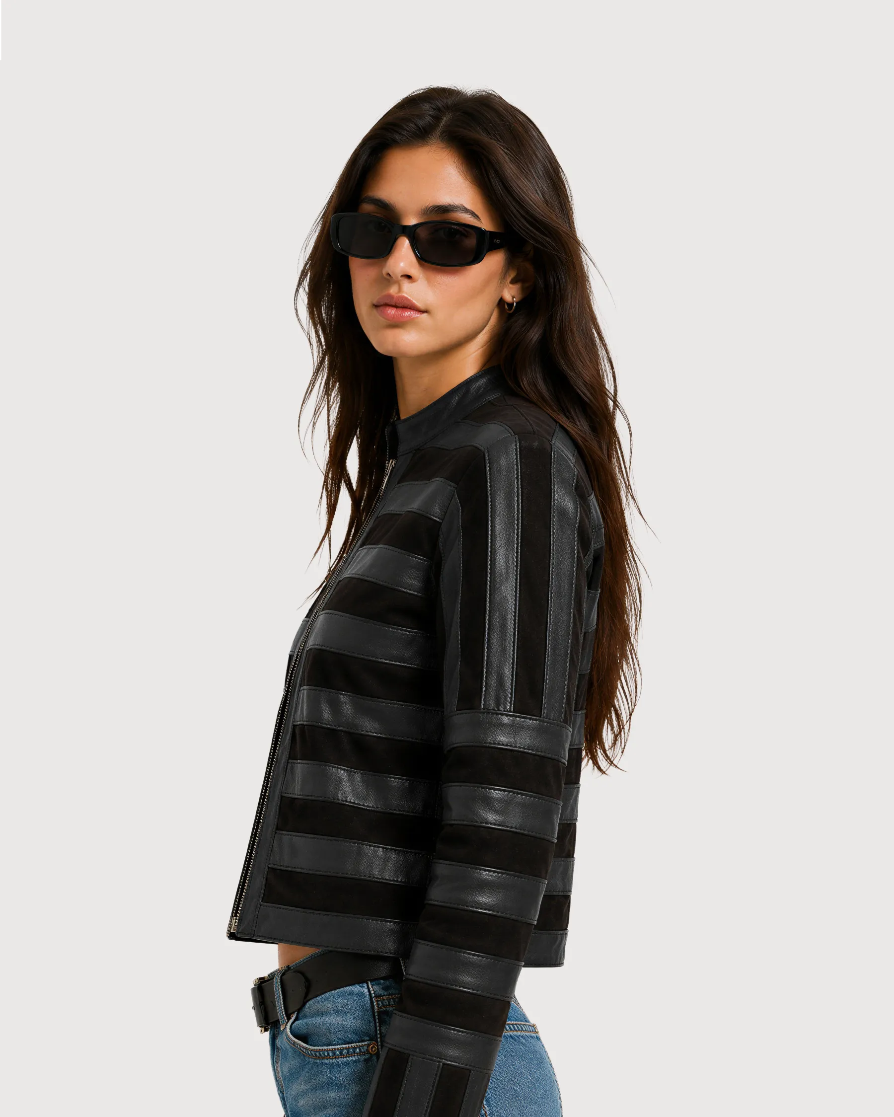 SELENE Black Panelled Racer Leather Jacket - Side