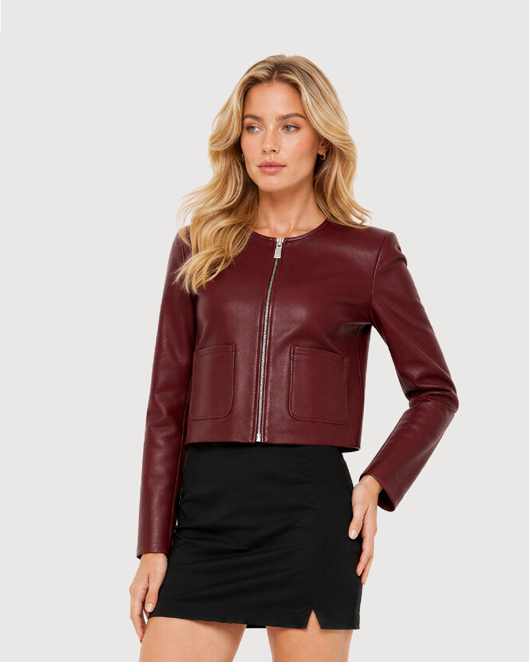 SIENNA Burgundy Cropped Leather Jacket - Side