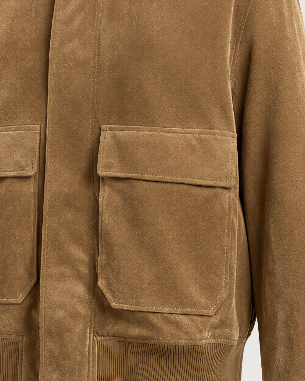 SOREN Tan Shearling Collar Suede Leather Jacket - Pocket
