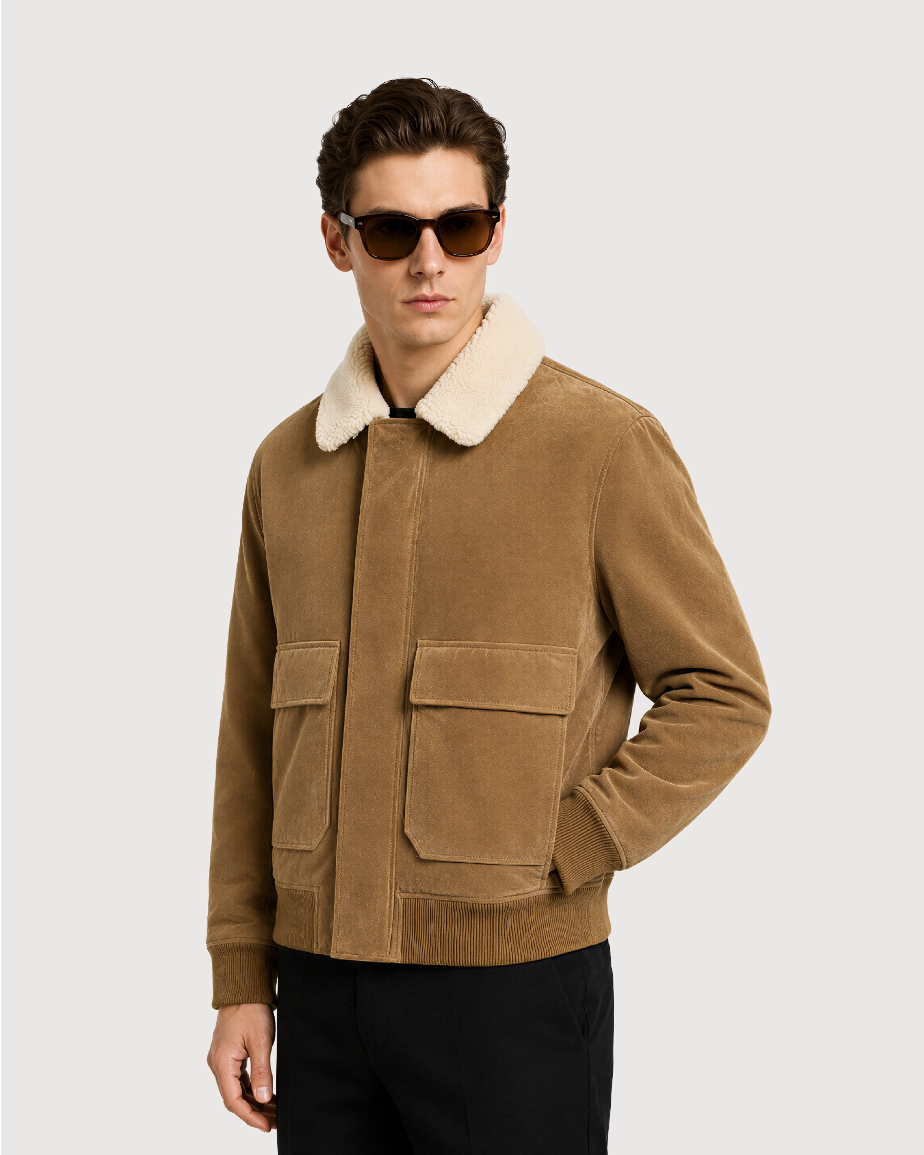 SOREN Tan Shearling Collar Suede Leather Jacket - Pocket
