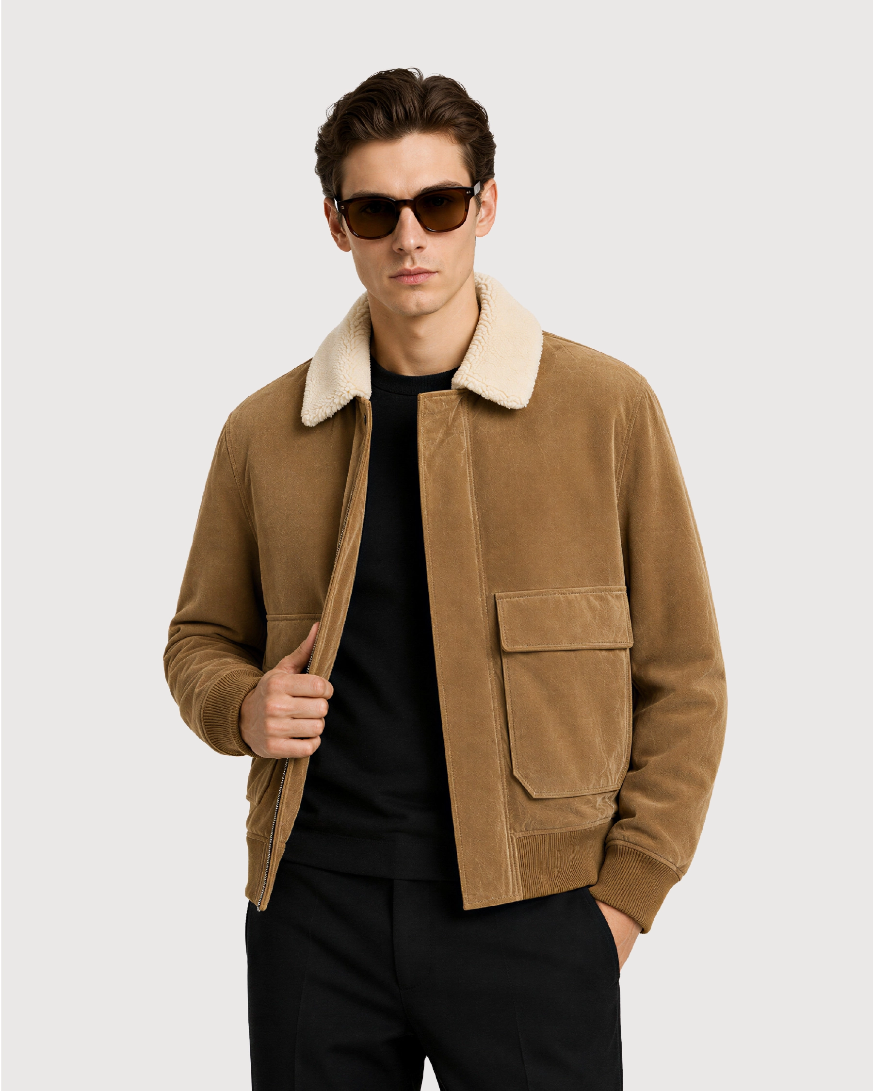 SOREN Tan Shearling Collar Suede Leather Jacket - Pose