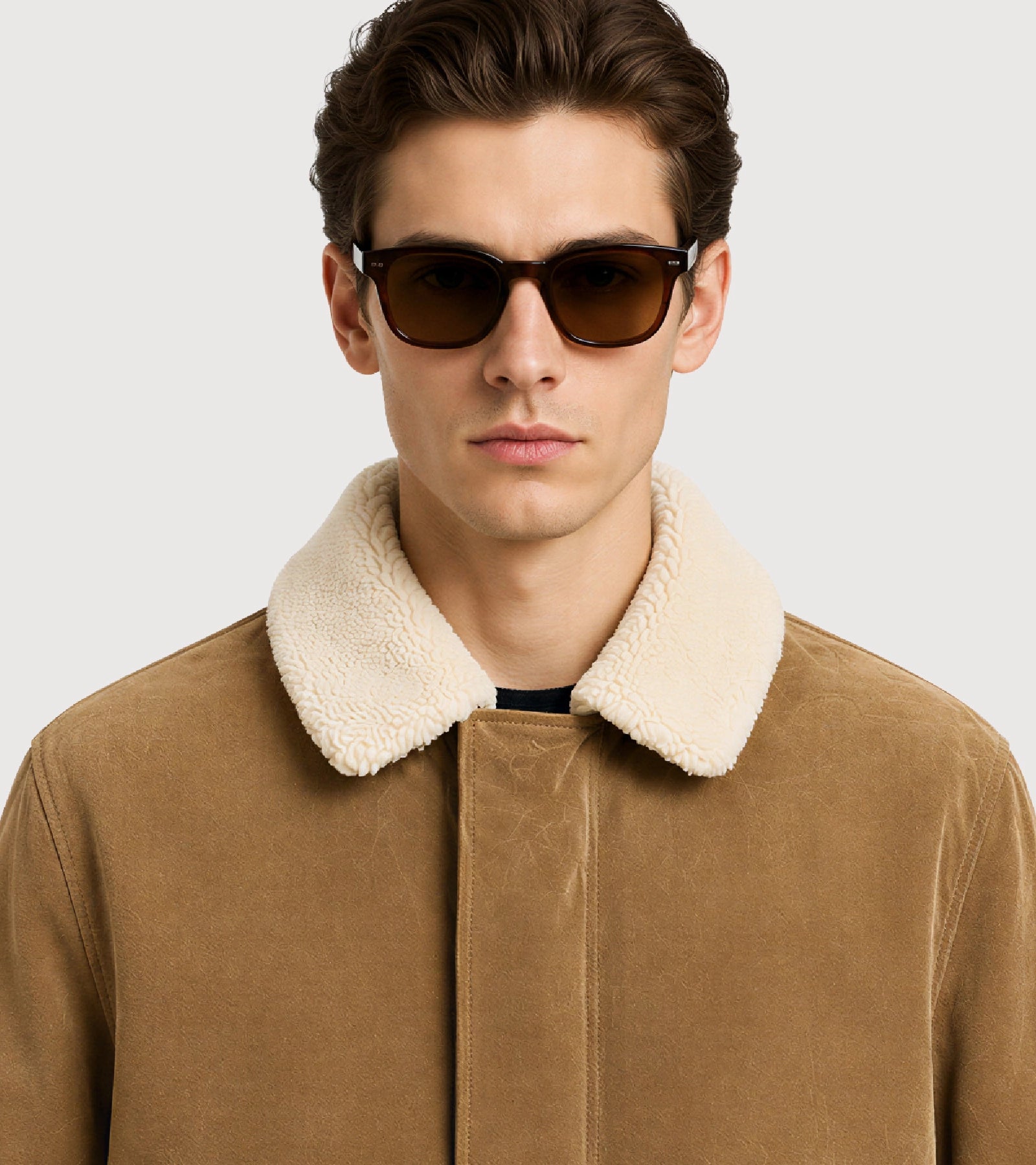 SOREN Tan Shearling Collar Suede Leather Jacket - Zoom