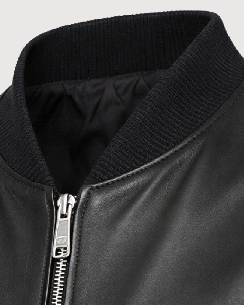 VAREN Black Bomber Leather Jacket - Collar