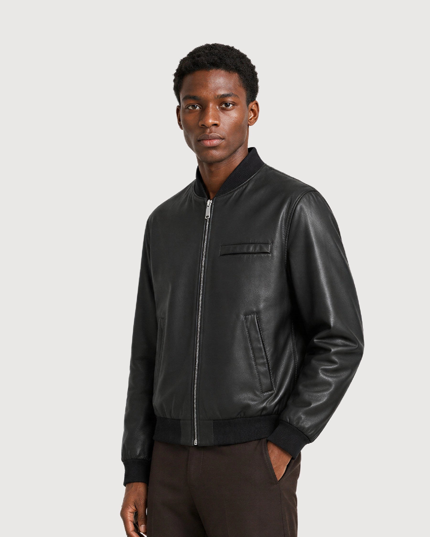 VAREN Black Bomber Leather Jacket - Side