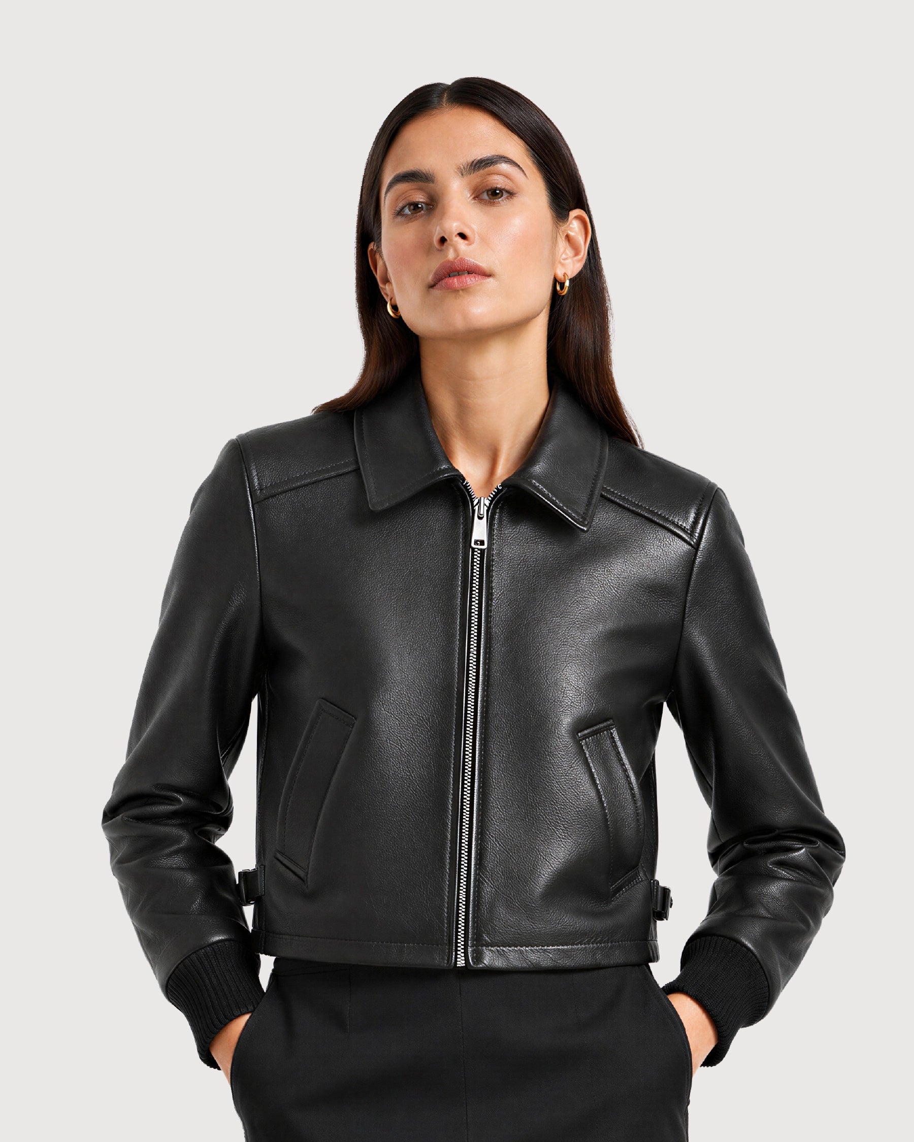 VELA Black Cropped Cowhide Blouson Leather Jacket
