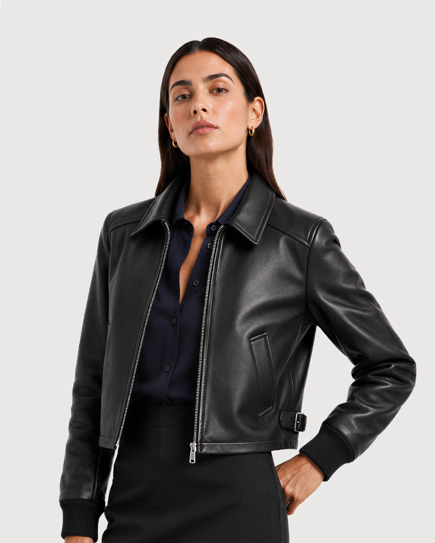 VELA Black Cropped Cowhide Blouson Leather Jacket - Open Zipper