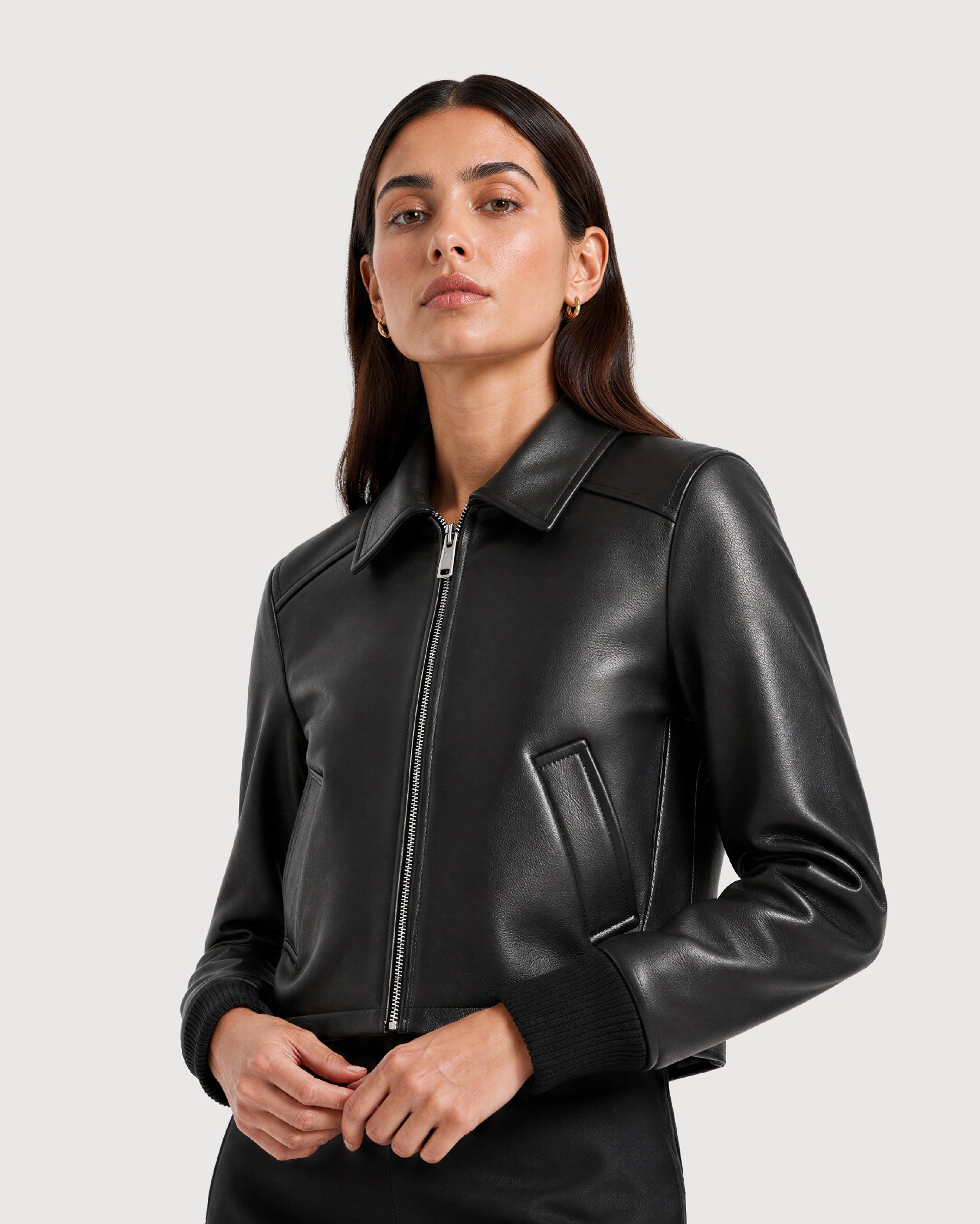 VELA Black Cropped Cowhide Blouson Leather Jacket - Side