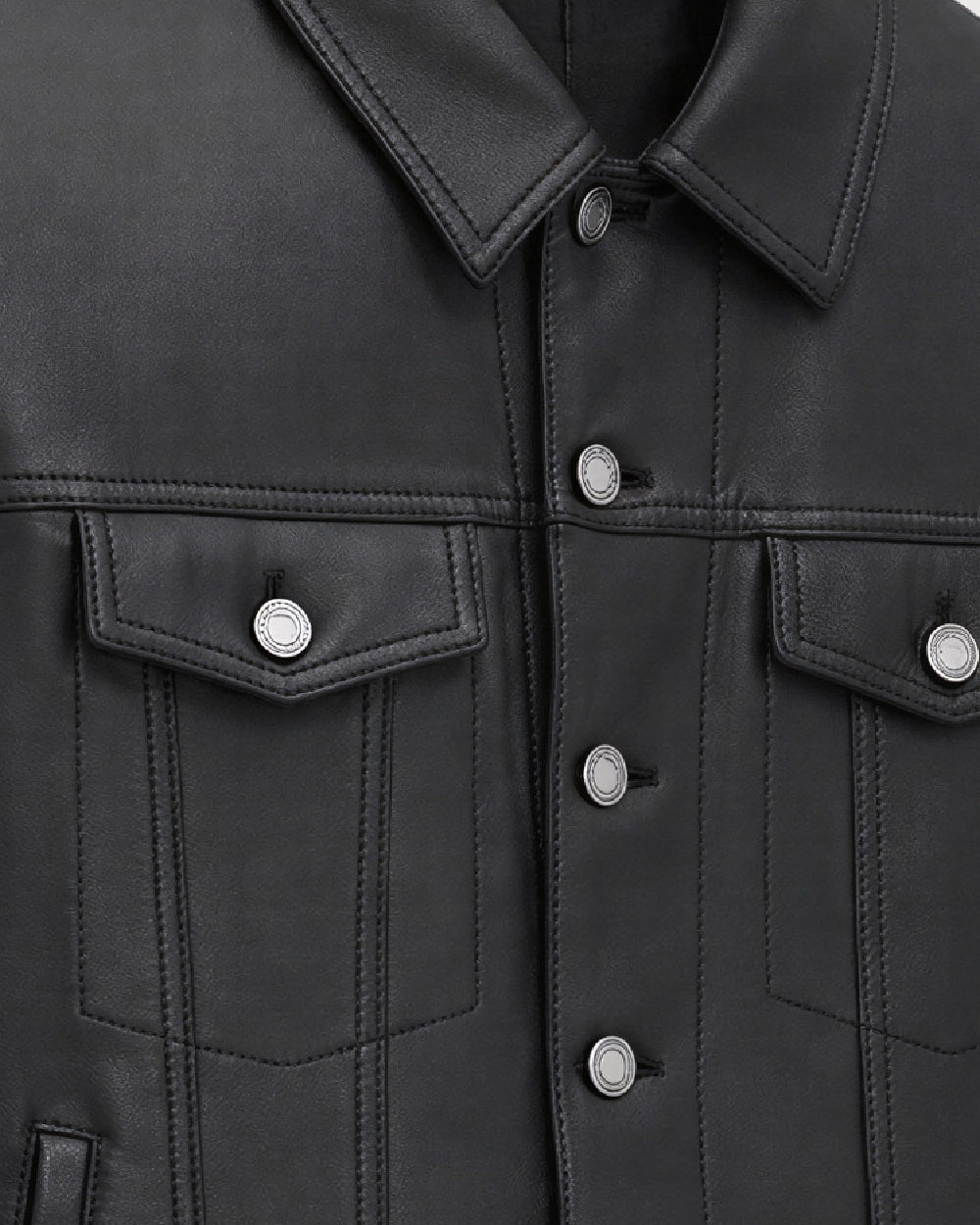 VOSS Black Trucker Leather Jacket - Pockets