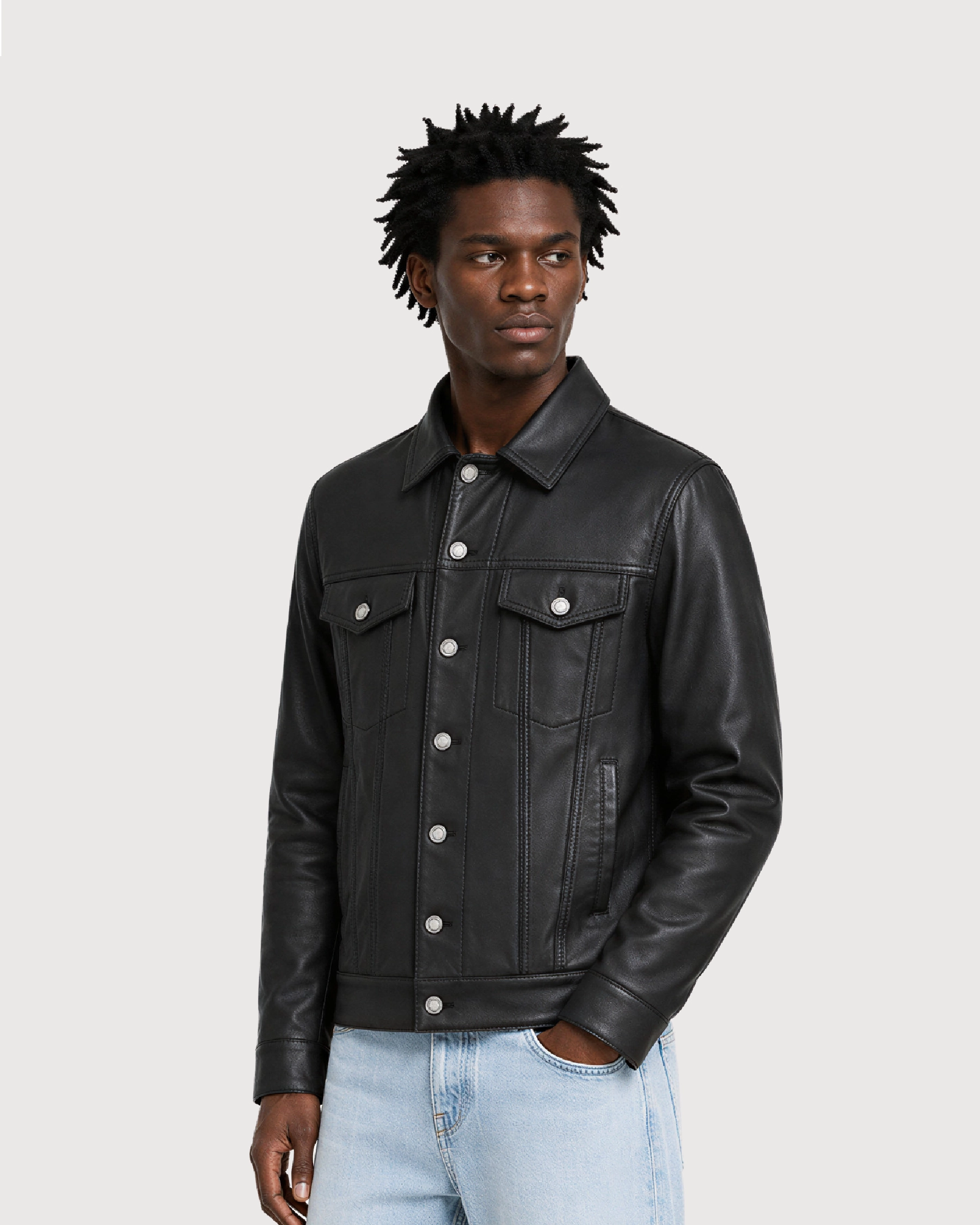 VOSS Black Trucker Leather Jacket - Right
