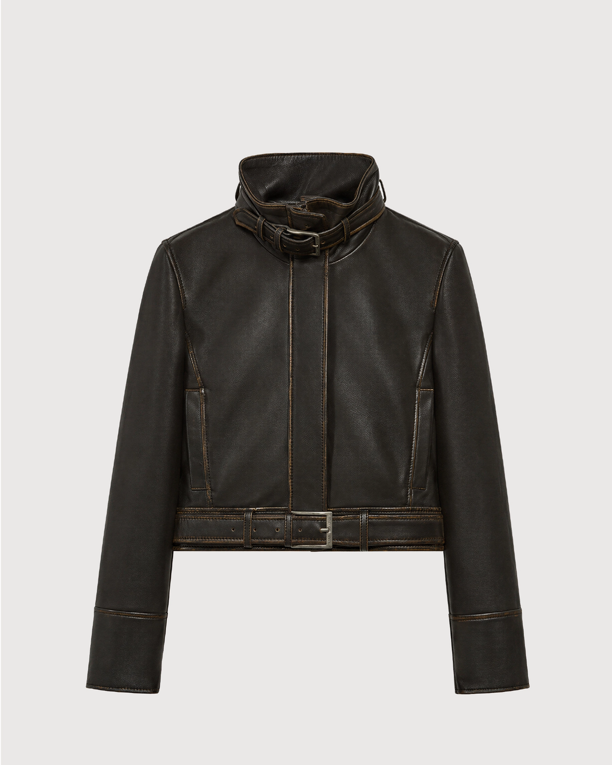 VYRA Distressed Brown Cowhide Leather Jacket - Front