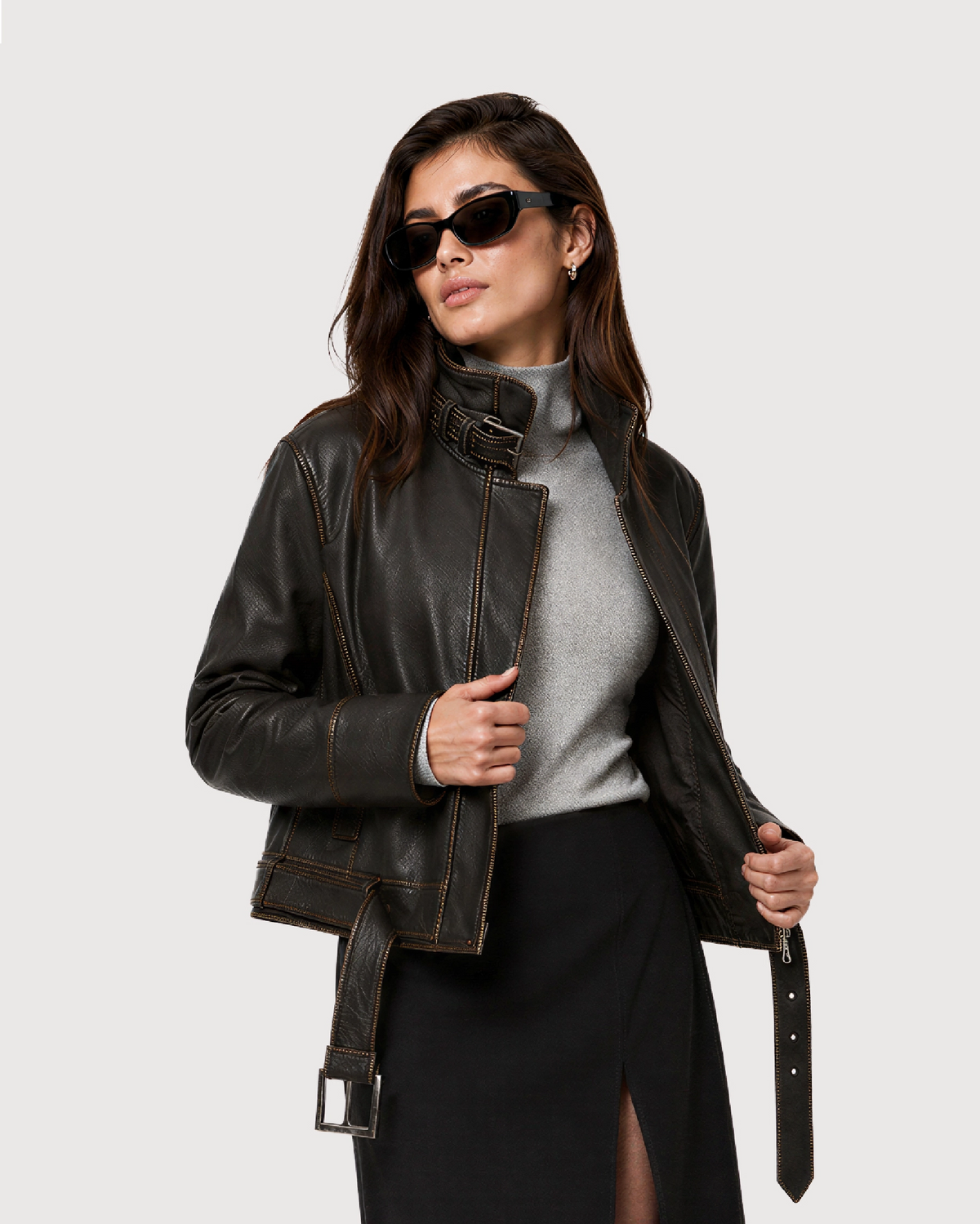 VYRA Distressed Brown Cowhide Leather Jacket - Open Zipper