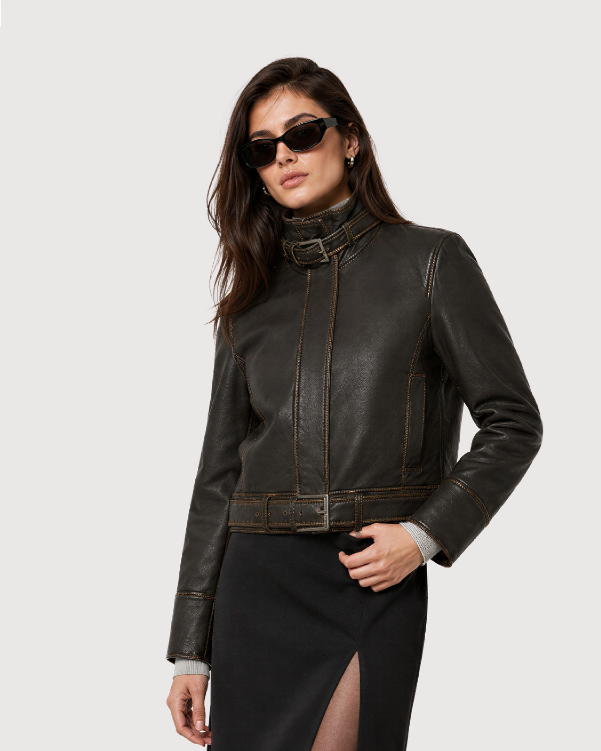 VYRA Distressed Brown Cowhide Leather Jacket - Side